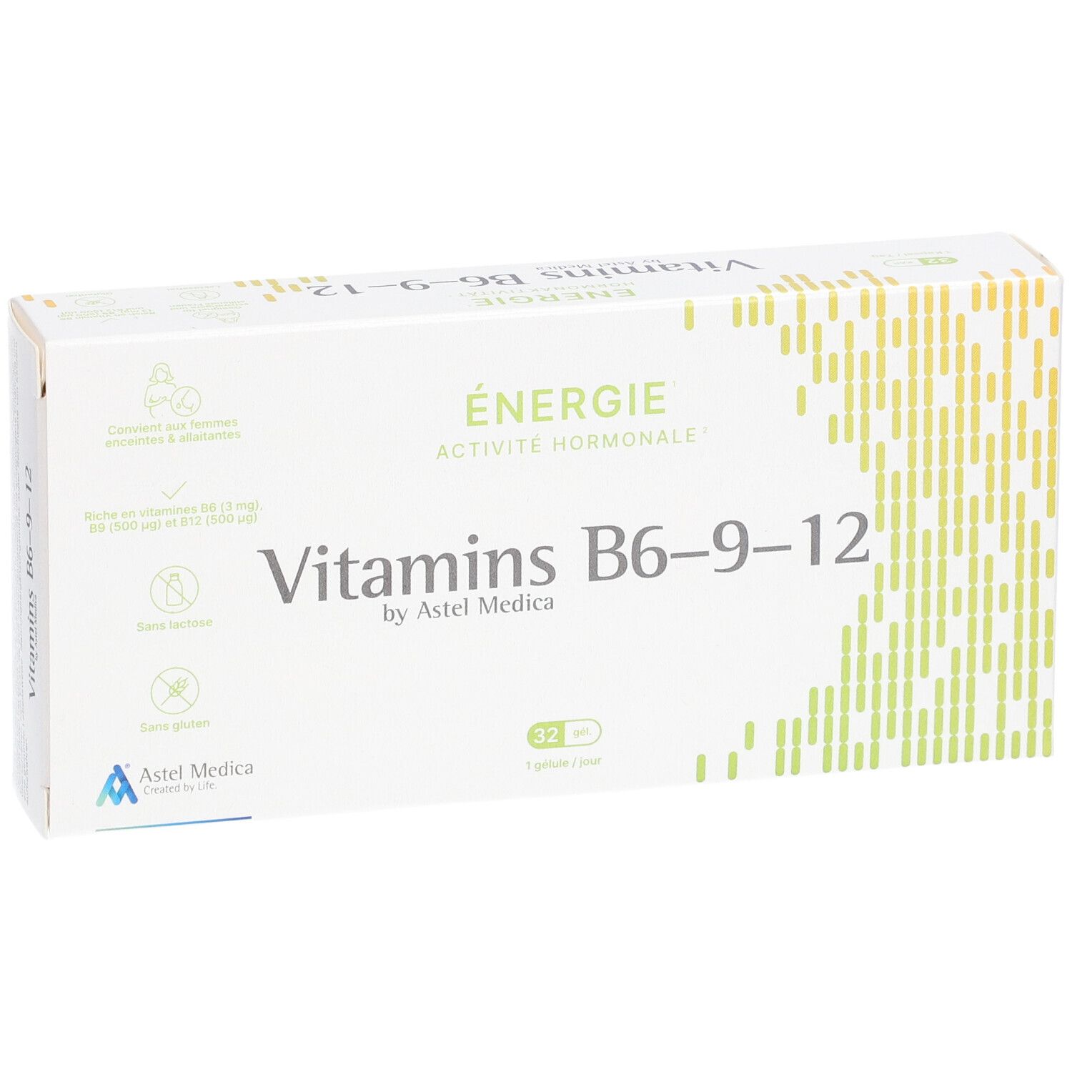 Boîte blanche "ENERGY Vitamins B6-9-12". 32 gélules. Logo Astel Medica.