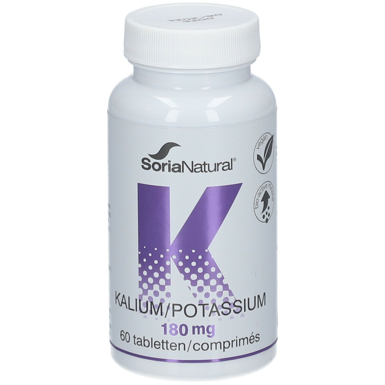 Witte fles Soria Natural Kalium 180 mg. Paarse 'K' en tekst. 60 tabletten. Vegan zegel.