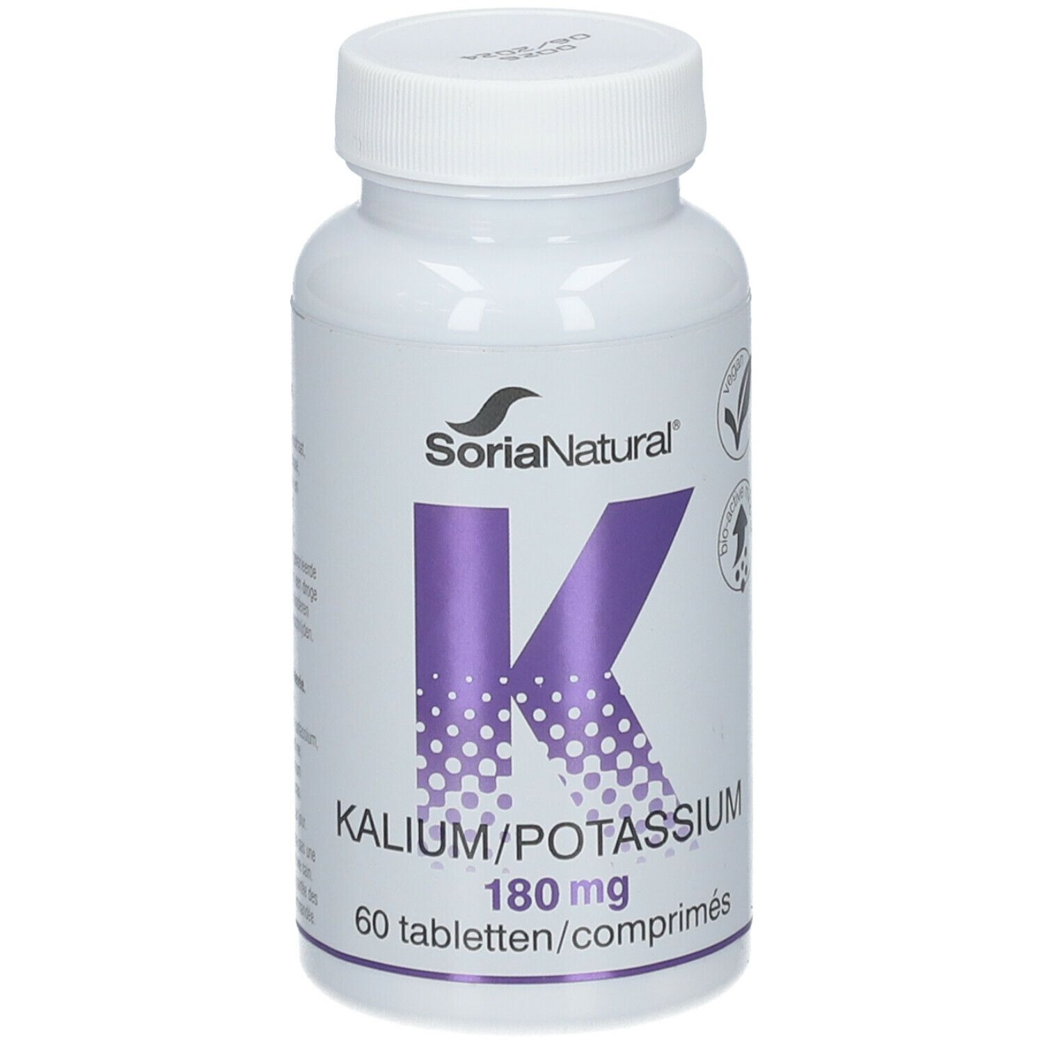 Witte fles Soria Natural Kalium 180 mg. Paarse 'K' en tekst. 60 tabletten.