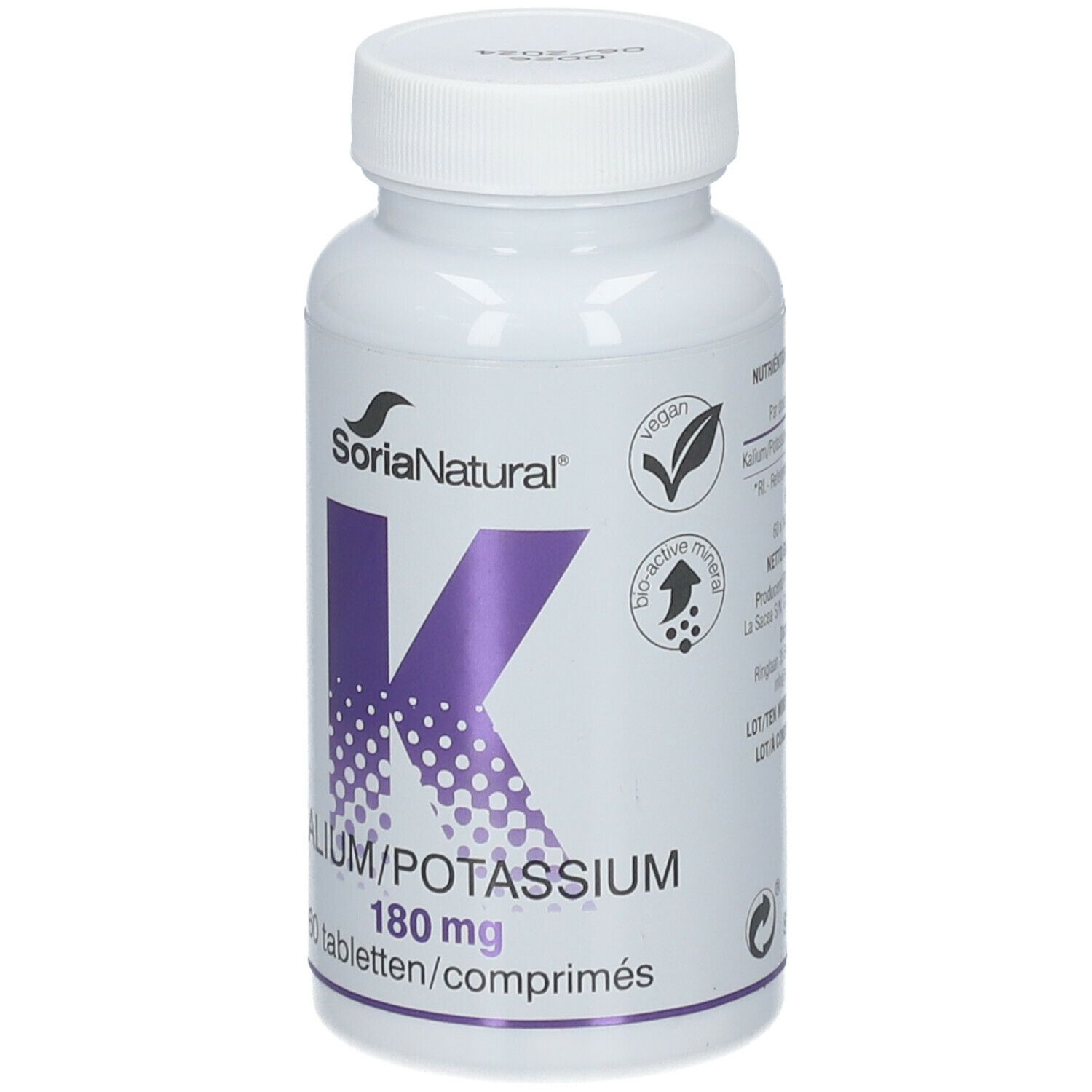 Witte fles Soria Natural Kalium 180 mg. Paarse 'K' en tekst. Vegan zegel en bioactief mineraal.