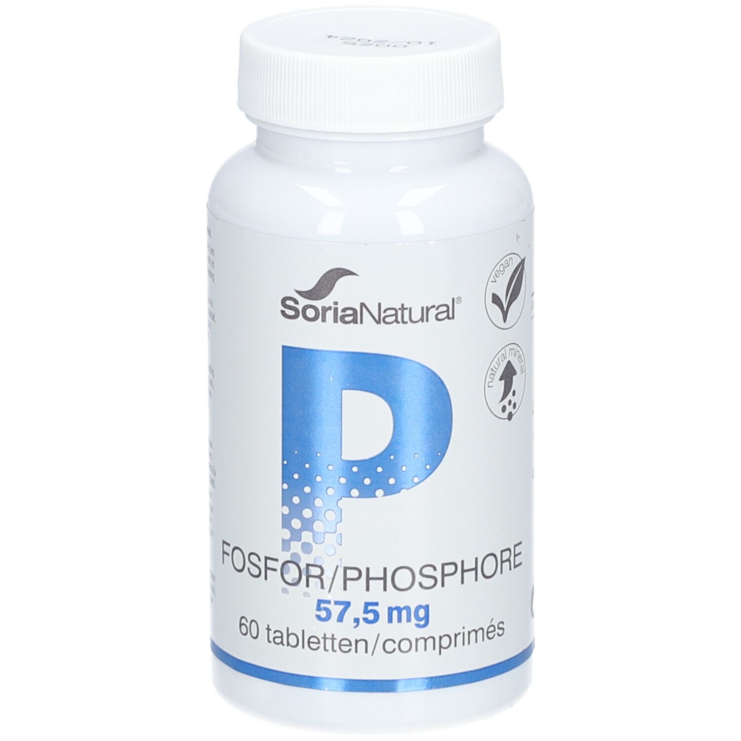 Witte fles Soria Natural Fosfor 57,5 mg. Blauwe "P"-afbeelding. 60 tabletten. Vegan-zegel.