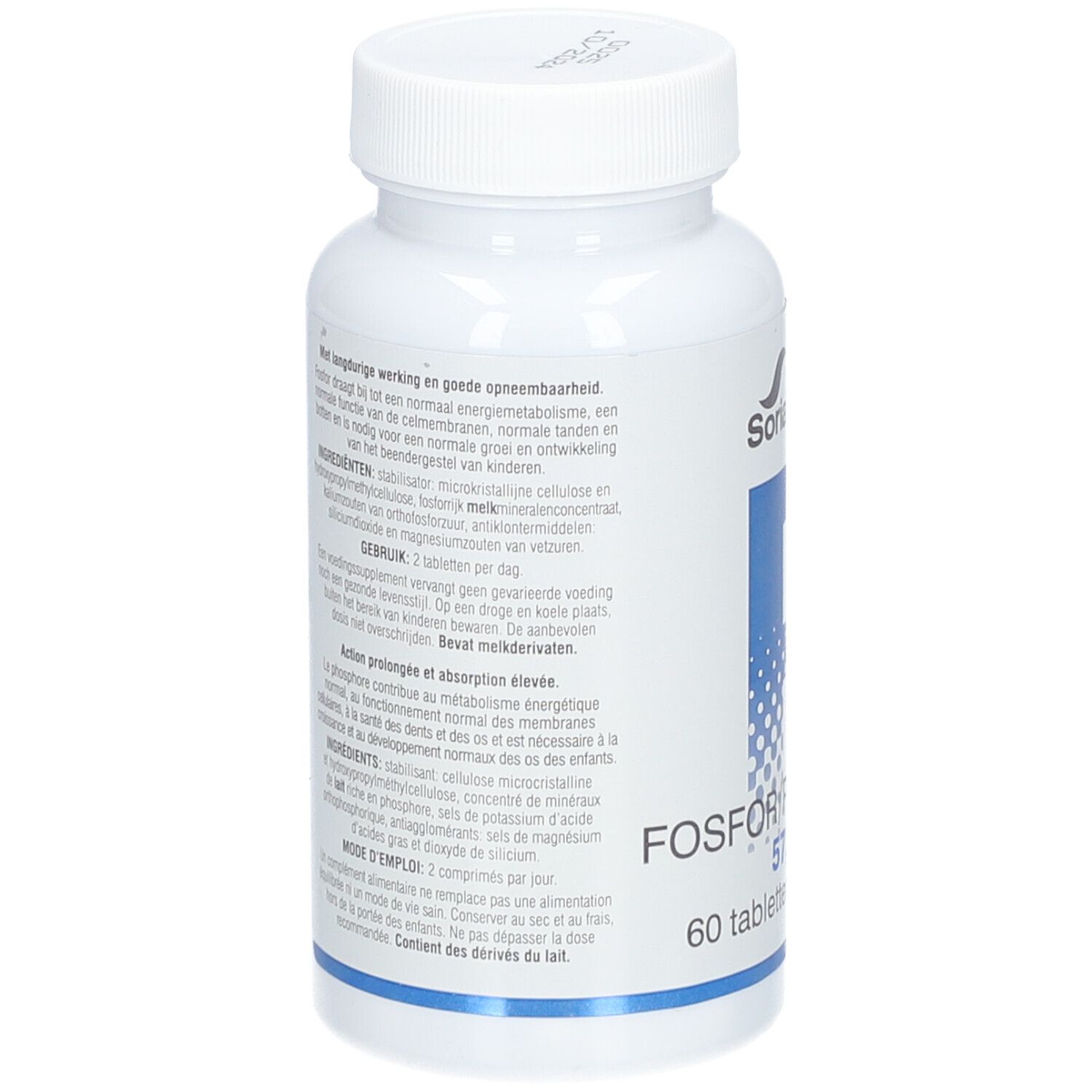 Achterkant witte fles Soria Natural Fosfor 57,5 mg. Meertalige tekst. 60 tabletten.