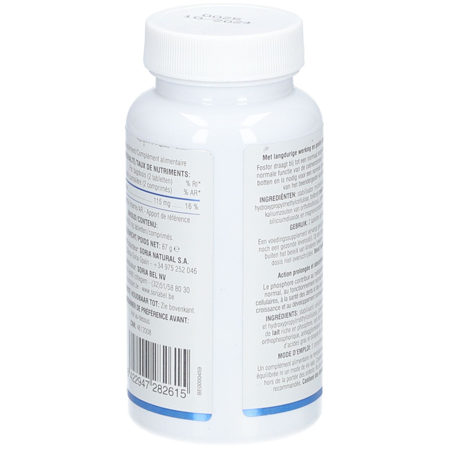 Achterkant witte fles Soria Natural Fosfor 57,5 mg. Tekst, barcode, voedingswaarde.