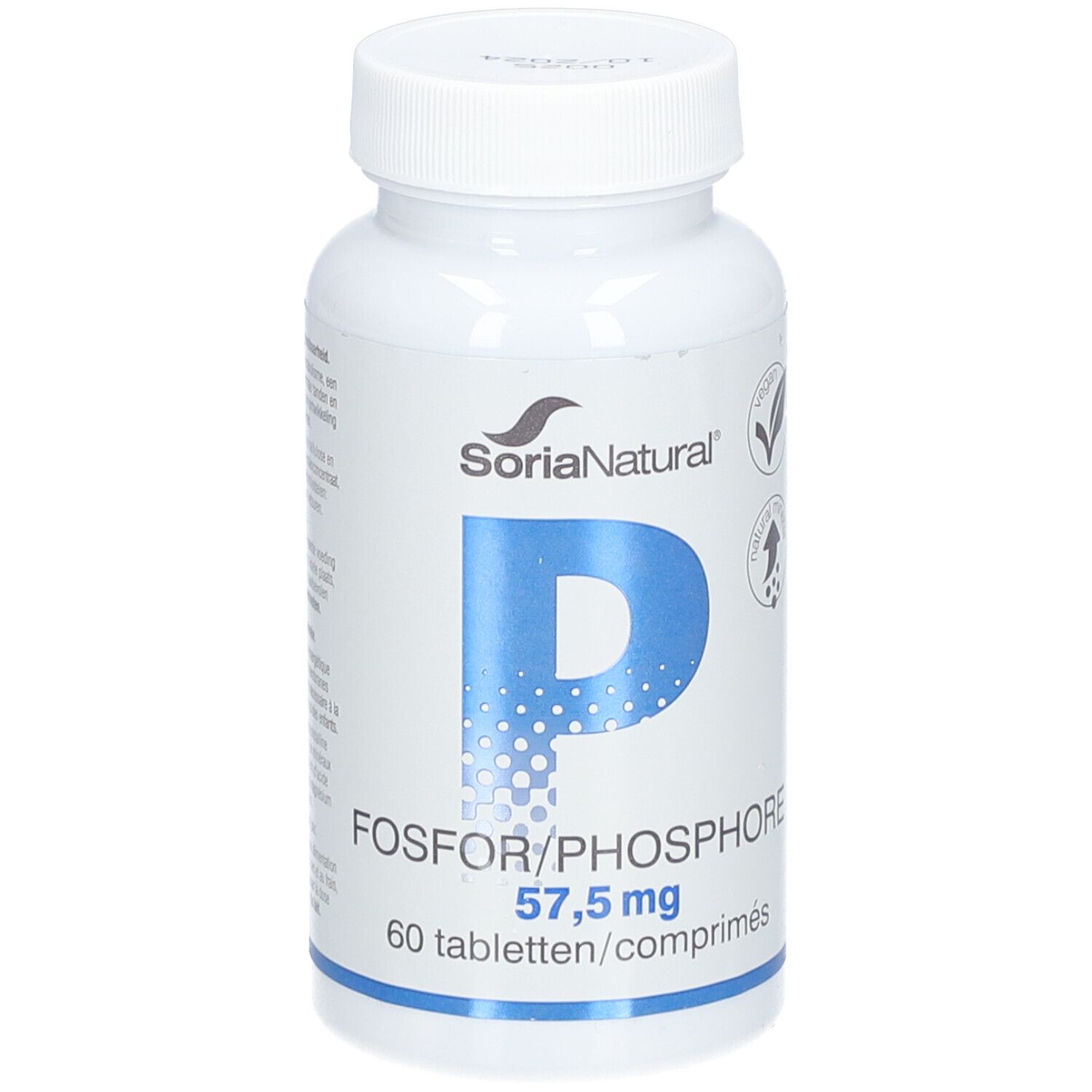 Witte fles Soria Natural Fosfor 57,5 mg. Blauwe "P"-afbeelding. 60 tabletten. Vegan-zegel.