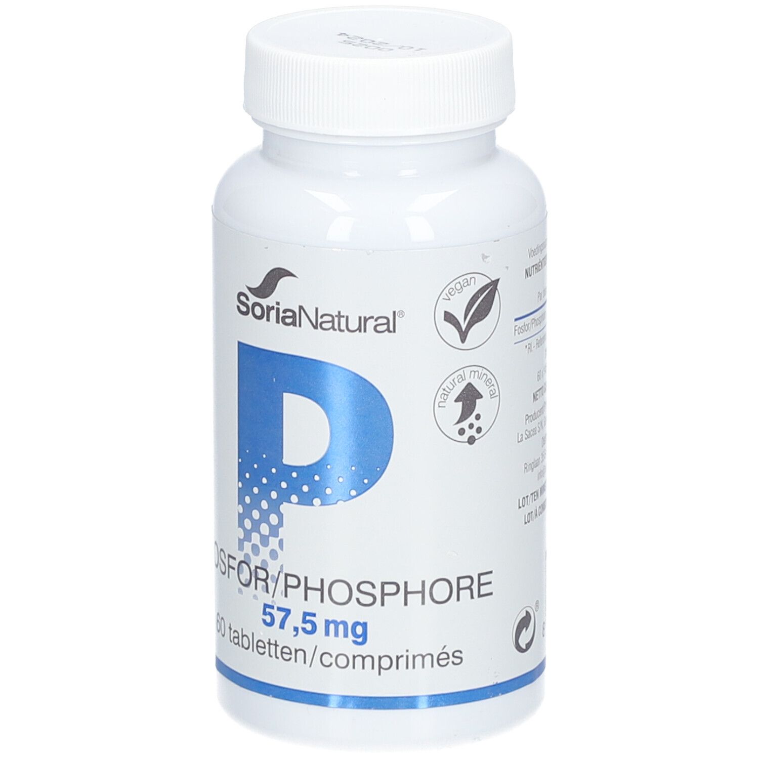Witte fles Soria Natural Fosfor 57,5 mg. Blauwe "P"-afbeelding. Vegan-zegel. Mineraal-zegel.