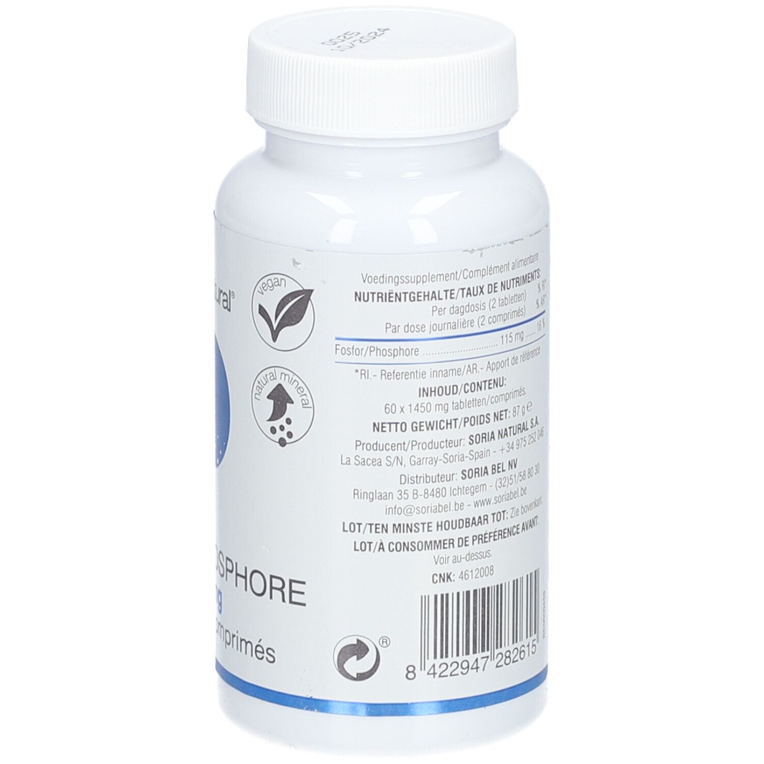 Achterkant witte fles Soria Natural Fosfor 57,5 mg. Tekst, voedingswaarde, barcode, zegels.