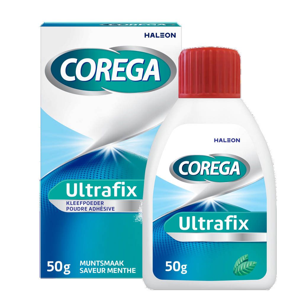 Pack Corega Ultrafix Poudre Adhésive Menthe avec flacon. Emballage bleu et blanc avec nom du produit et informations. 50g.