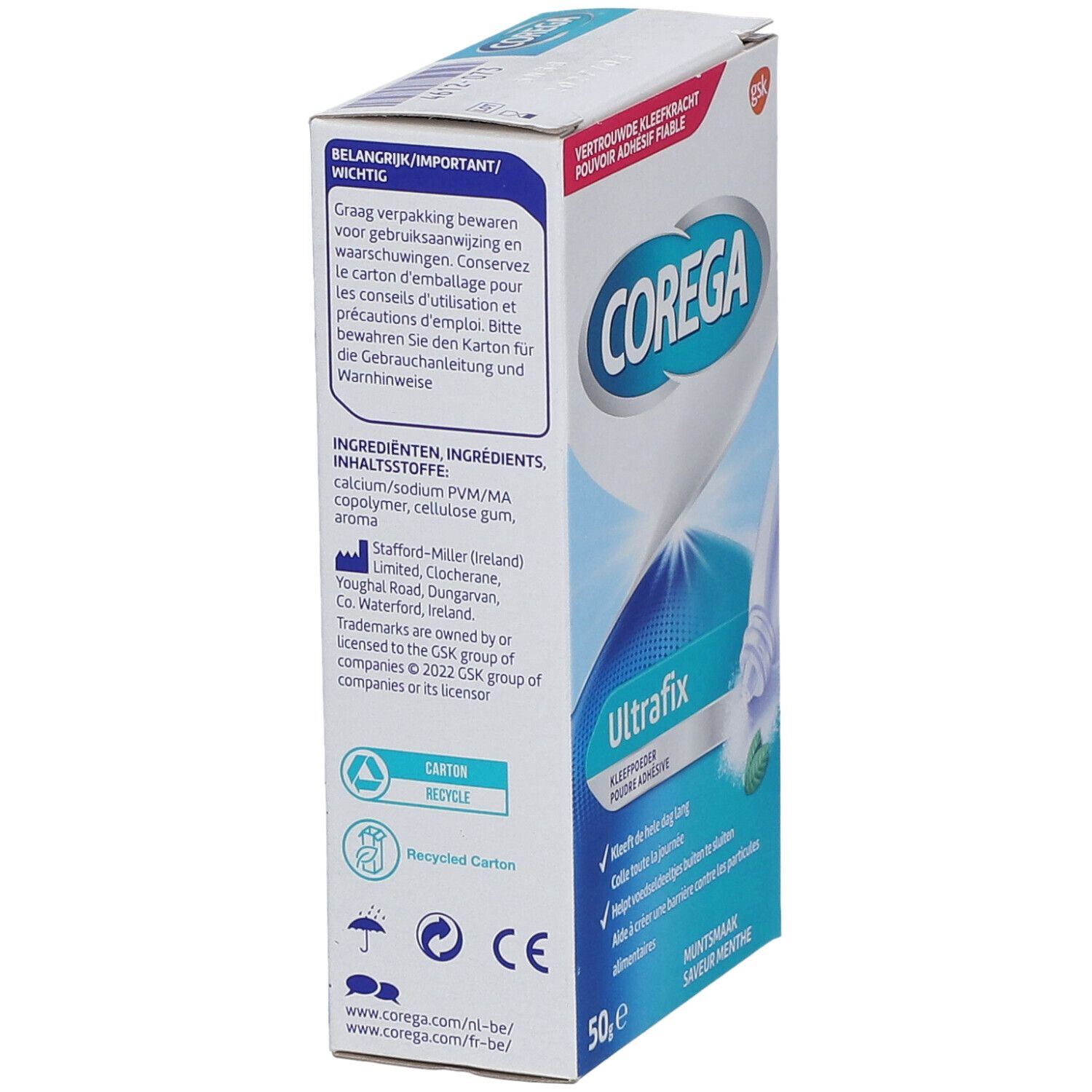 Vue latérale de la boîte Corega Ultrafix Poudre Adhésive Menthe. Contient ingrédients, avertissements et informations de recyclage.
