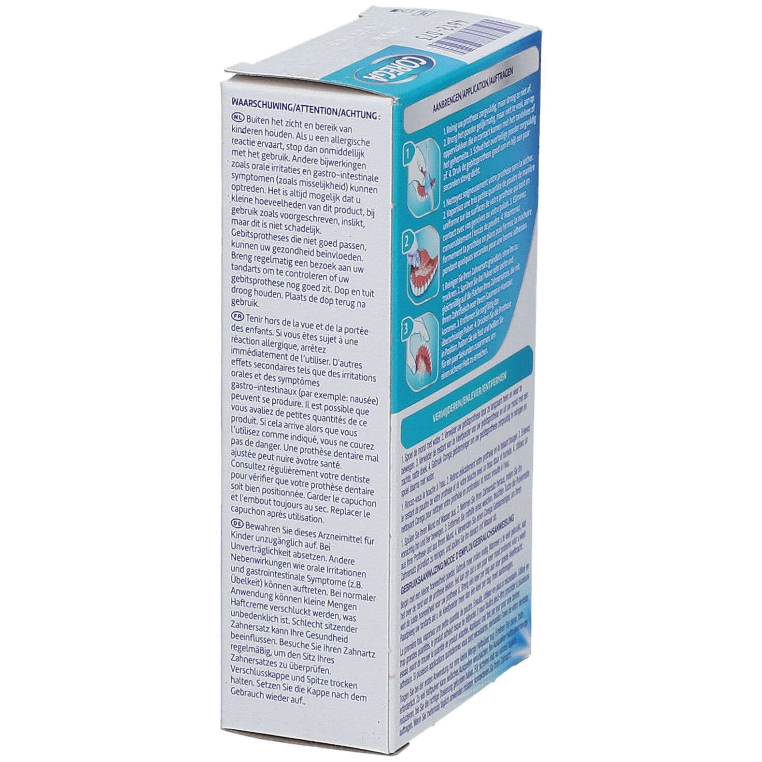 Côté de la boîte Corega Ultrafix Poudre Adhésive Menthe avec avertissements et illustrations.