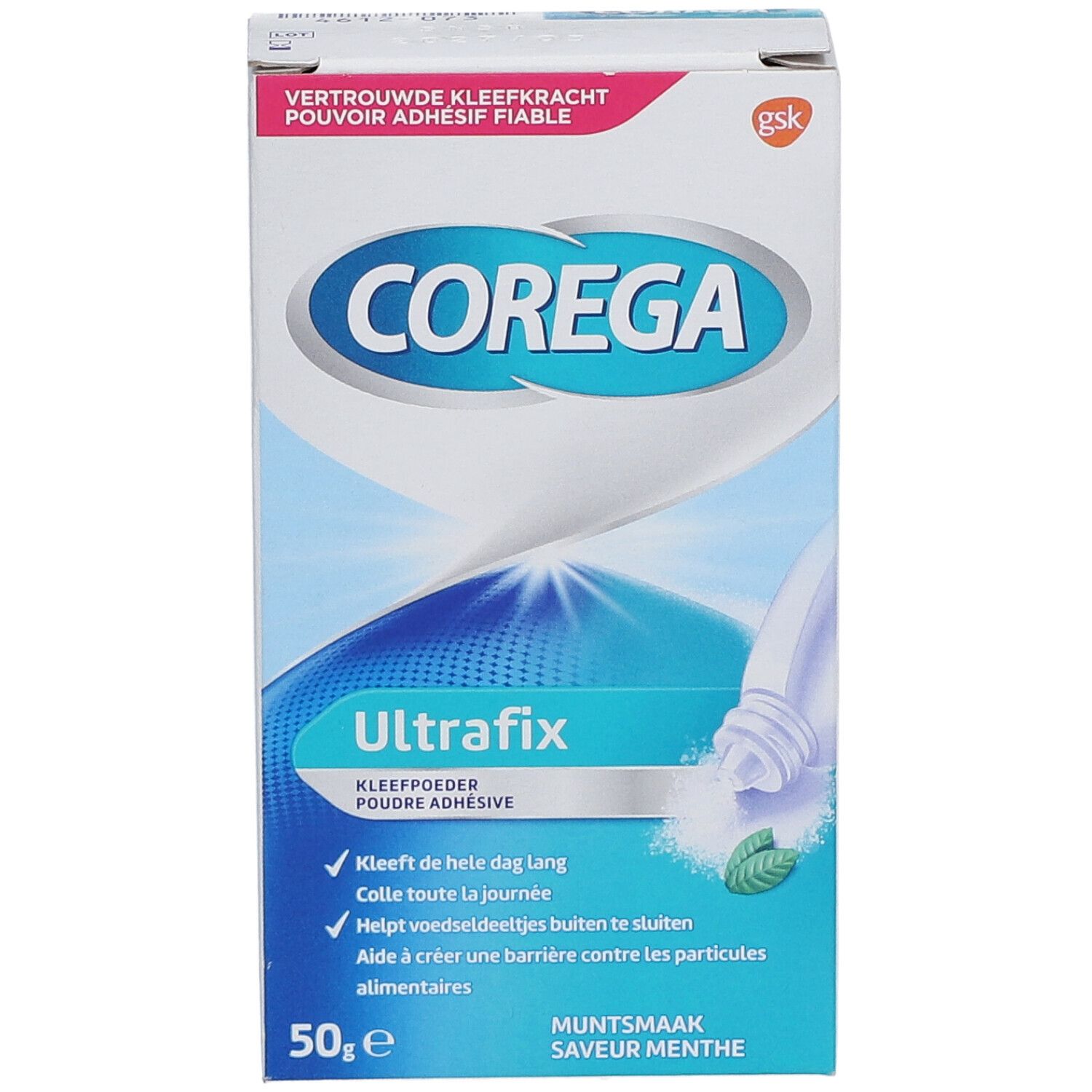 Boîte Corega Ultrafix Poudre Adhésive Menthe. Emballage bleu et blanc avec nom du produit et informations. 50g.
