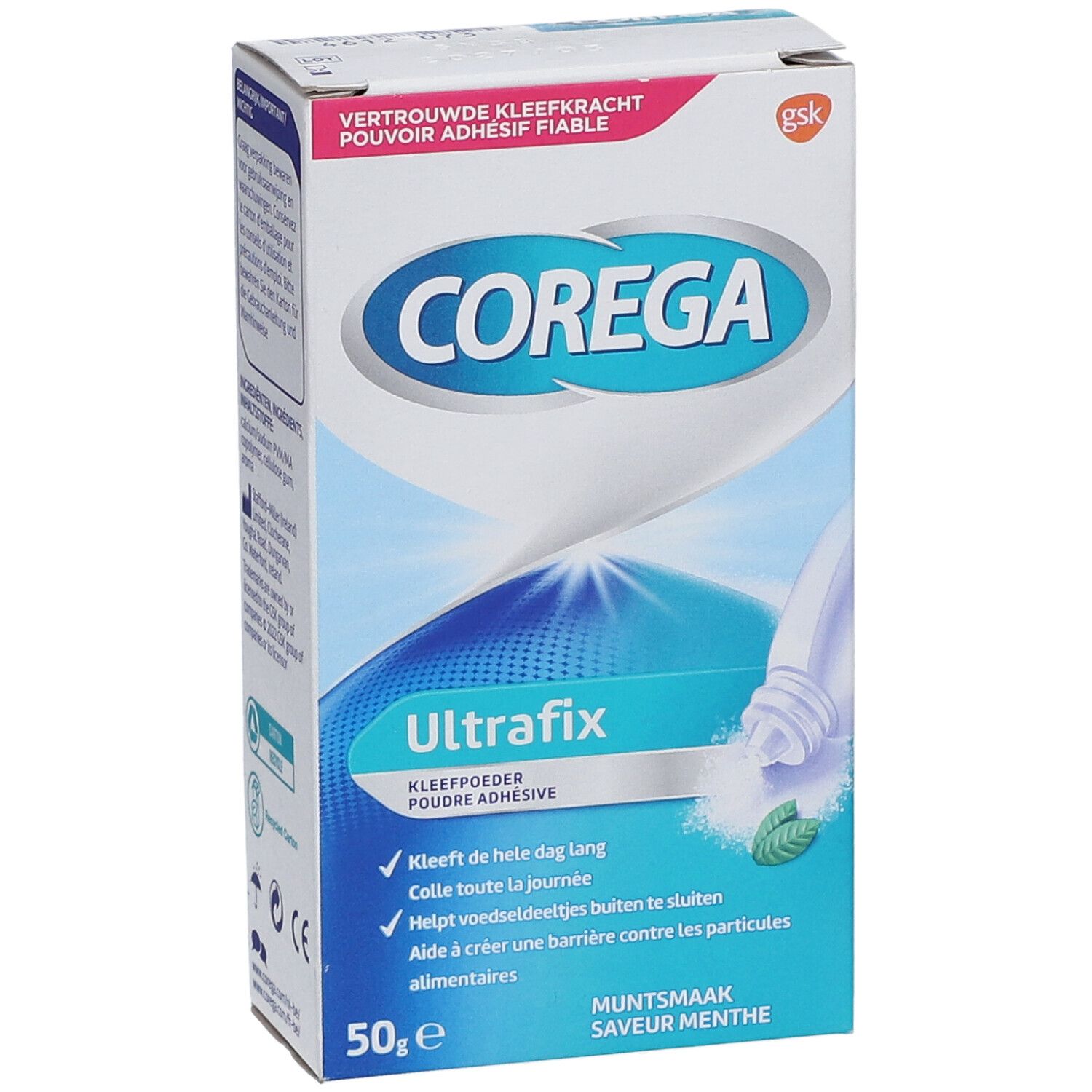 Boîte Corega Ultrafix Poudre Adhésive Menthe. Emballage bleu et blanc avec nom du produit et informations. 50g.