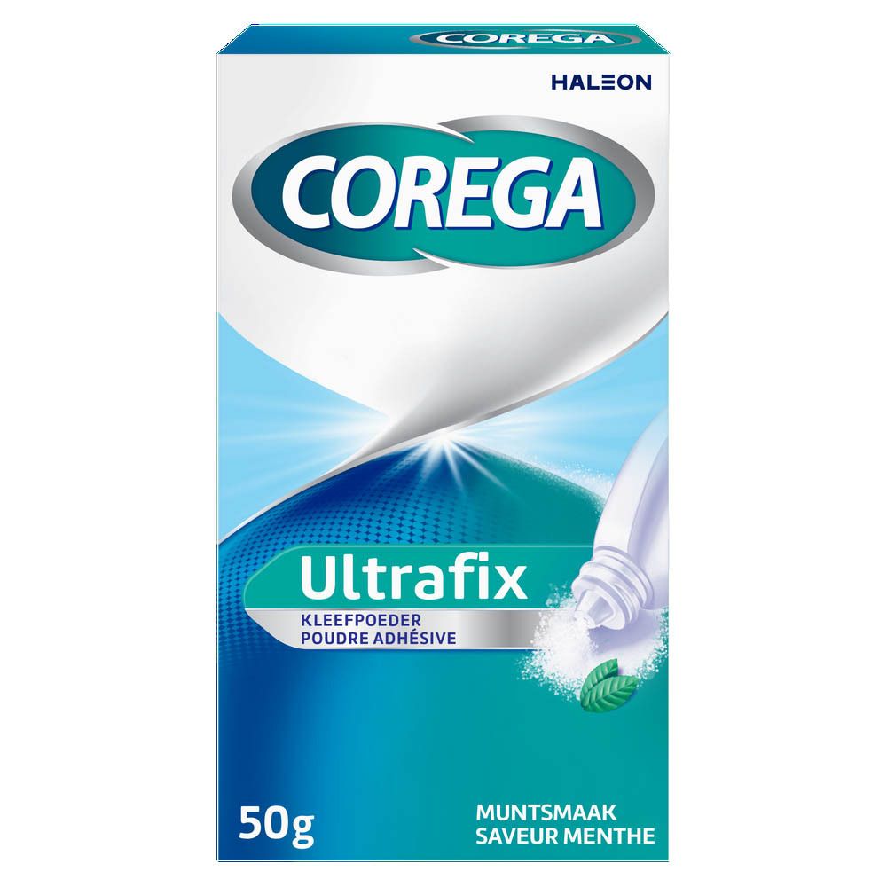 Boîte Corega Ultrafix Poudre Adhésive Menthe. Emballage bleu et blanc avec nom du produit et informations. 50g.