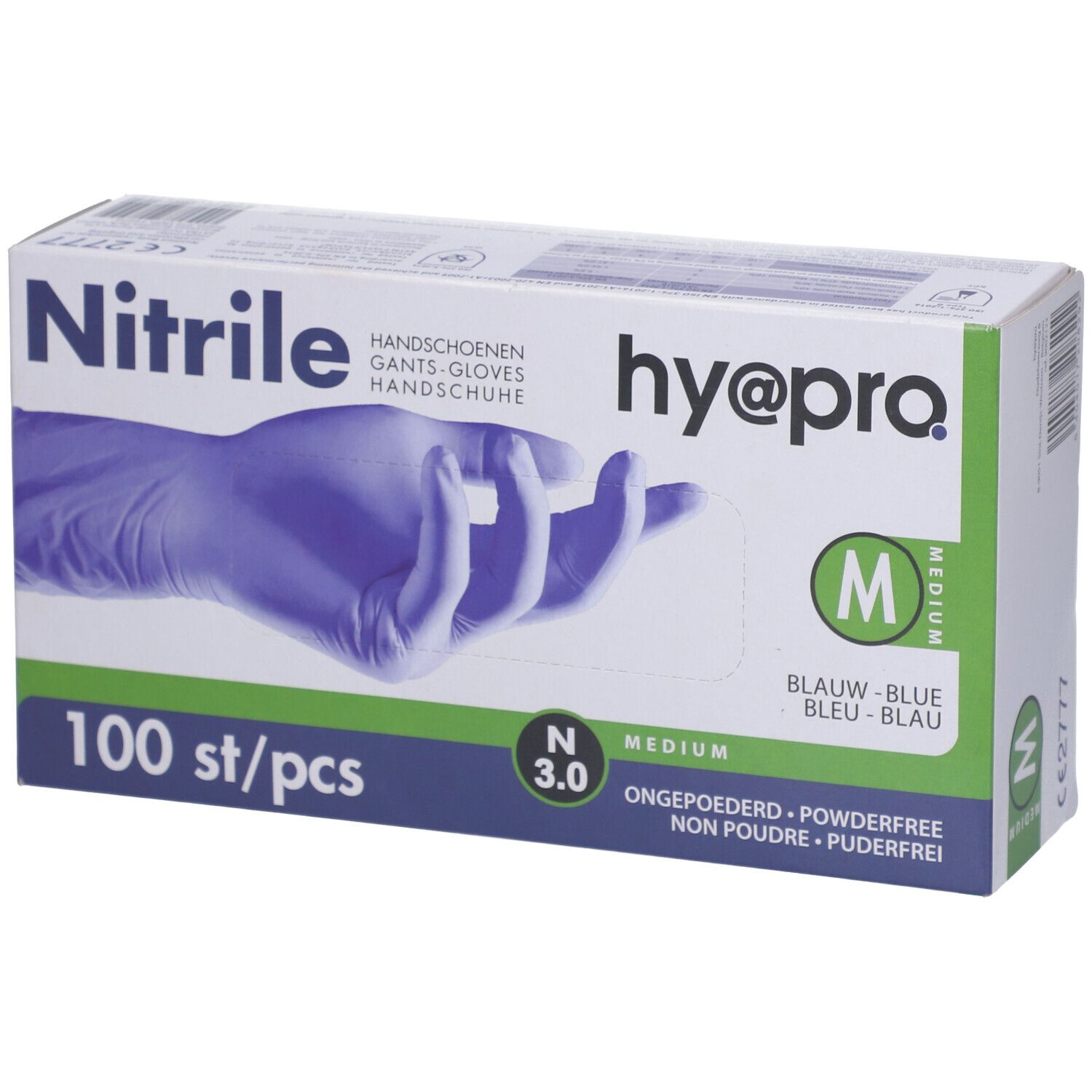 Doos met blauwe nitril handschoenen. Opschrift: hy@pro, Medium, 100 stuks. Handschoen afbeelding.