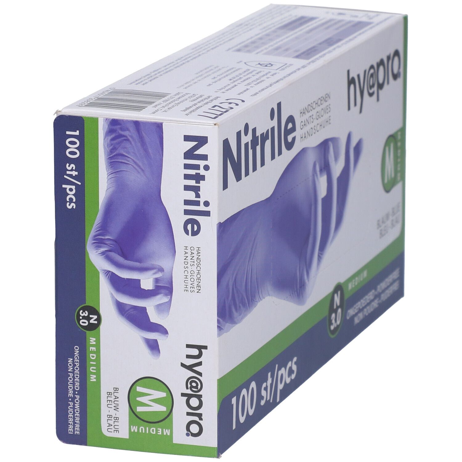 Doos met blauwe nitril handschoenen. Opschrift: hy@pro, Medium, 100 stuks. Zijaanzicht van de verpakking.