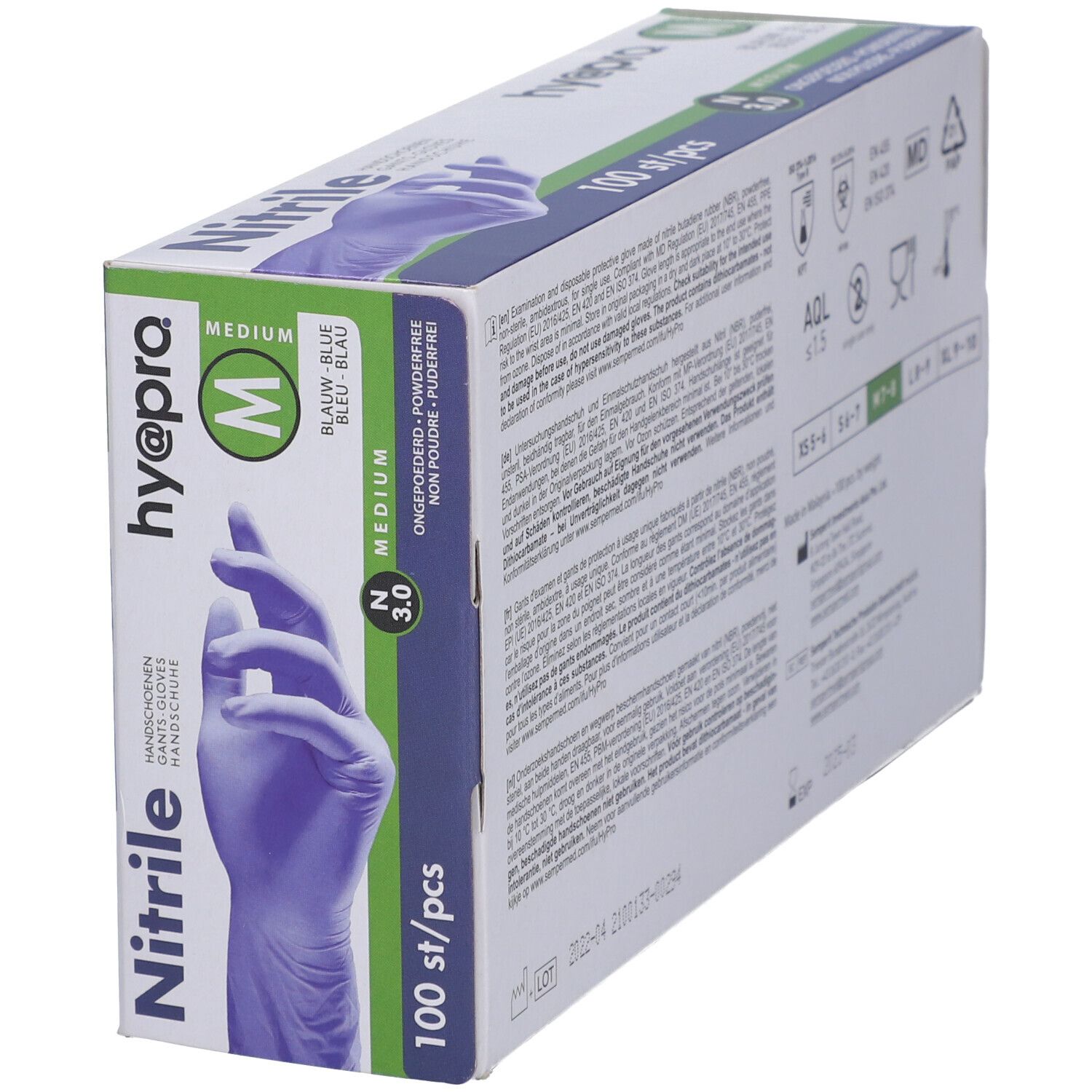 Doos met blauwe nitril handschoenen. Opschrift: hy@pro, Medium, 100 stuks. Schuine weergave van de verpakking.