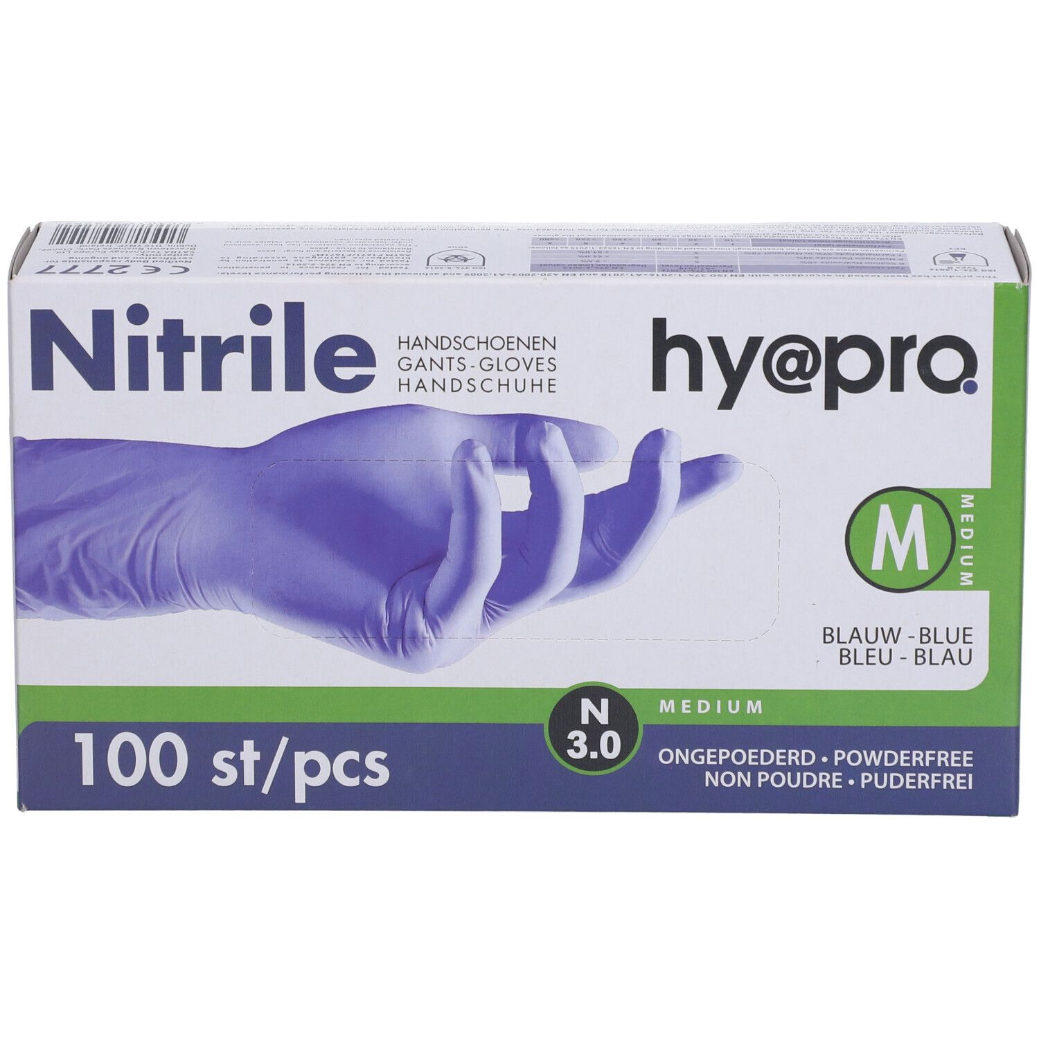 Doos met blauwe nitril handschoenen. Opschrift: hy@pro, Medium, 100 stuks. Handschoen afbeelding.