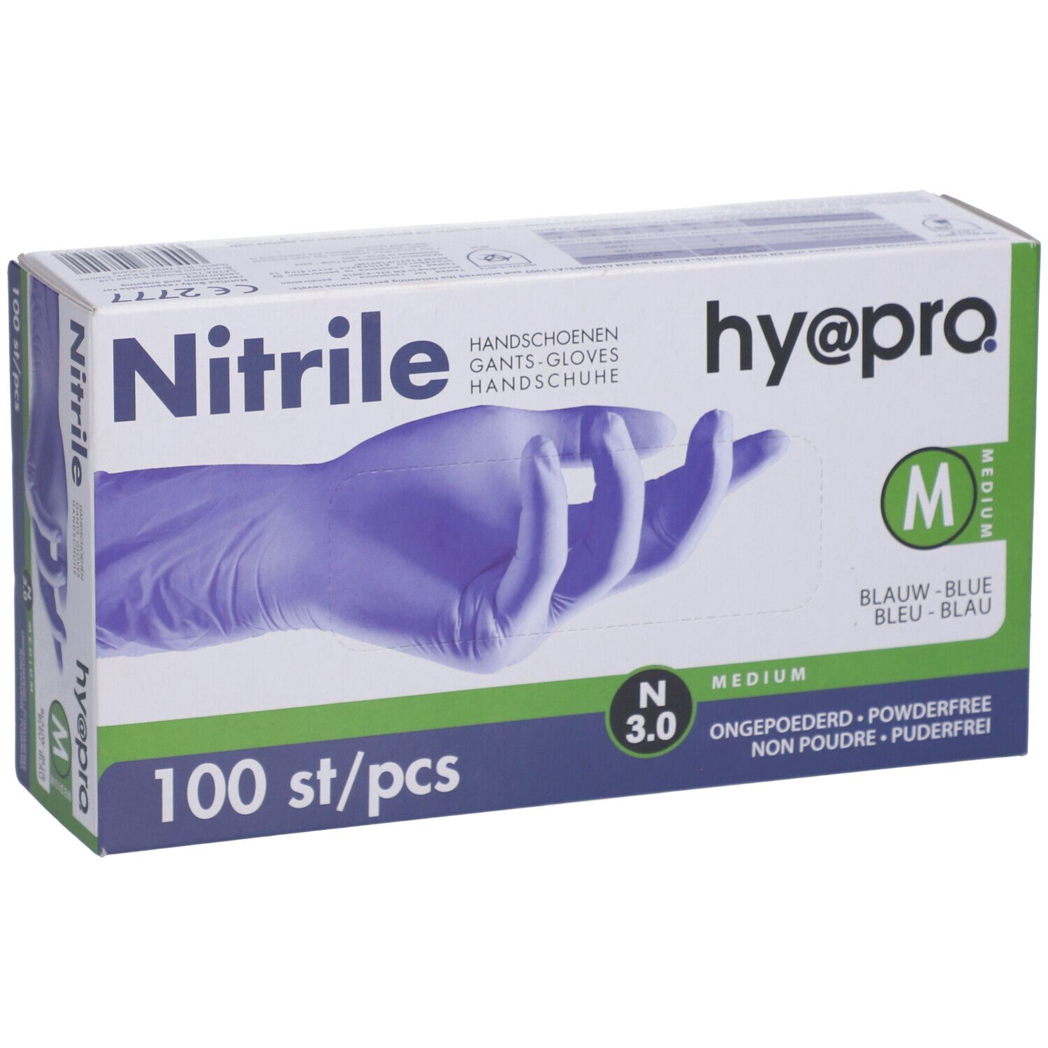 Doos met blauwe nitril handschoenen. Opschrift: hy@pro, Medium, 100 stuks. Handschoen afbeelding.