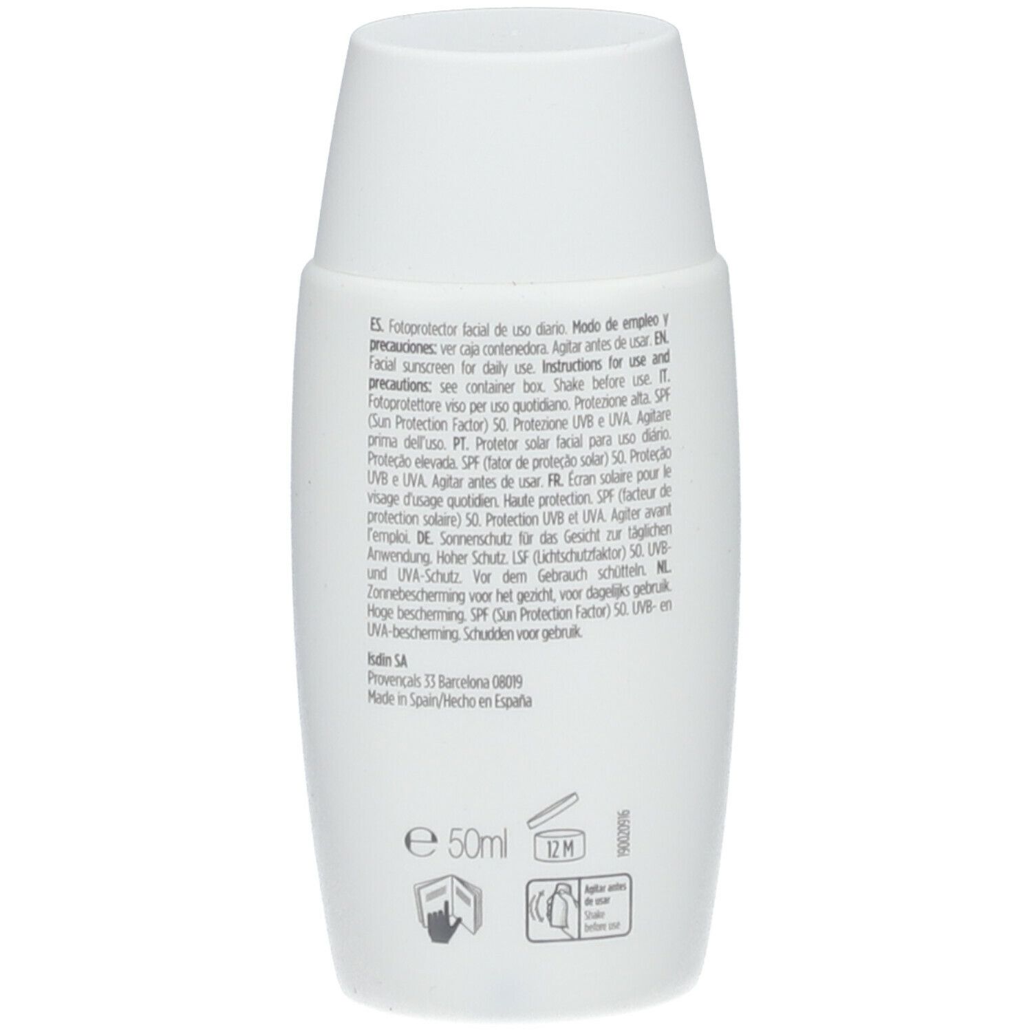 Dos du flacon blanc. Texte multilingue. E 50ml, symbole 12M.