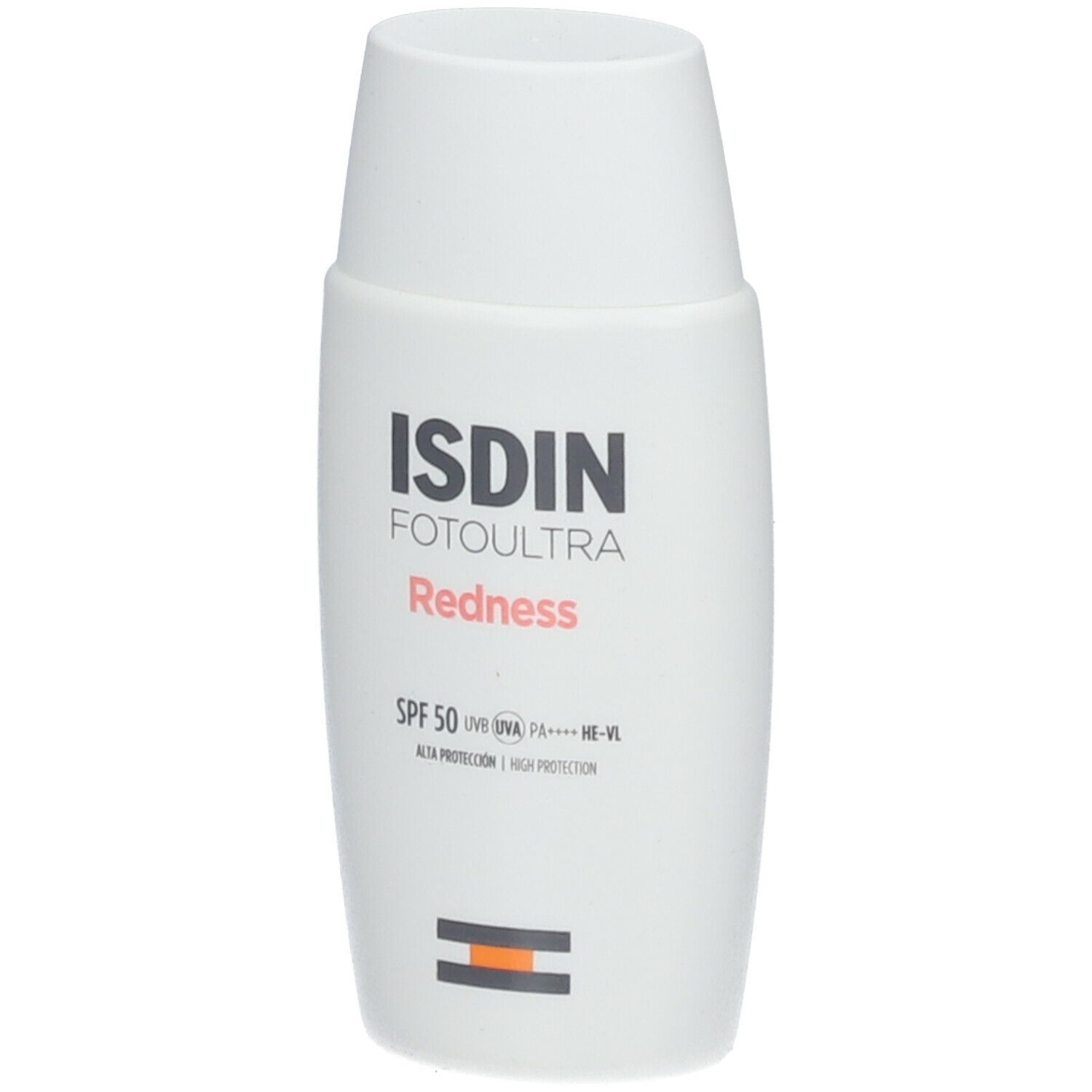 Flacon blanc ISDIN FotoUltra Redness SPF50+. Texte noir, accent rouge. Bande orange en bas.