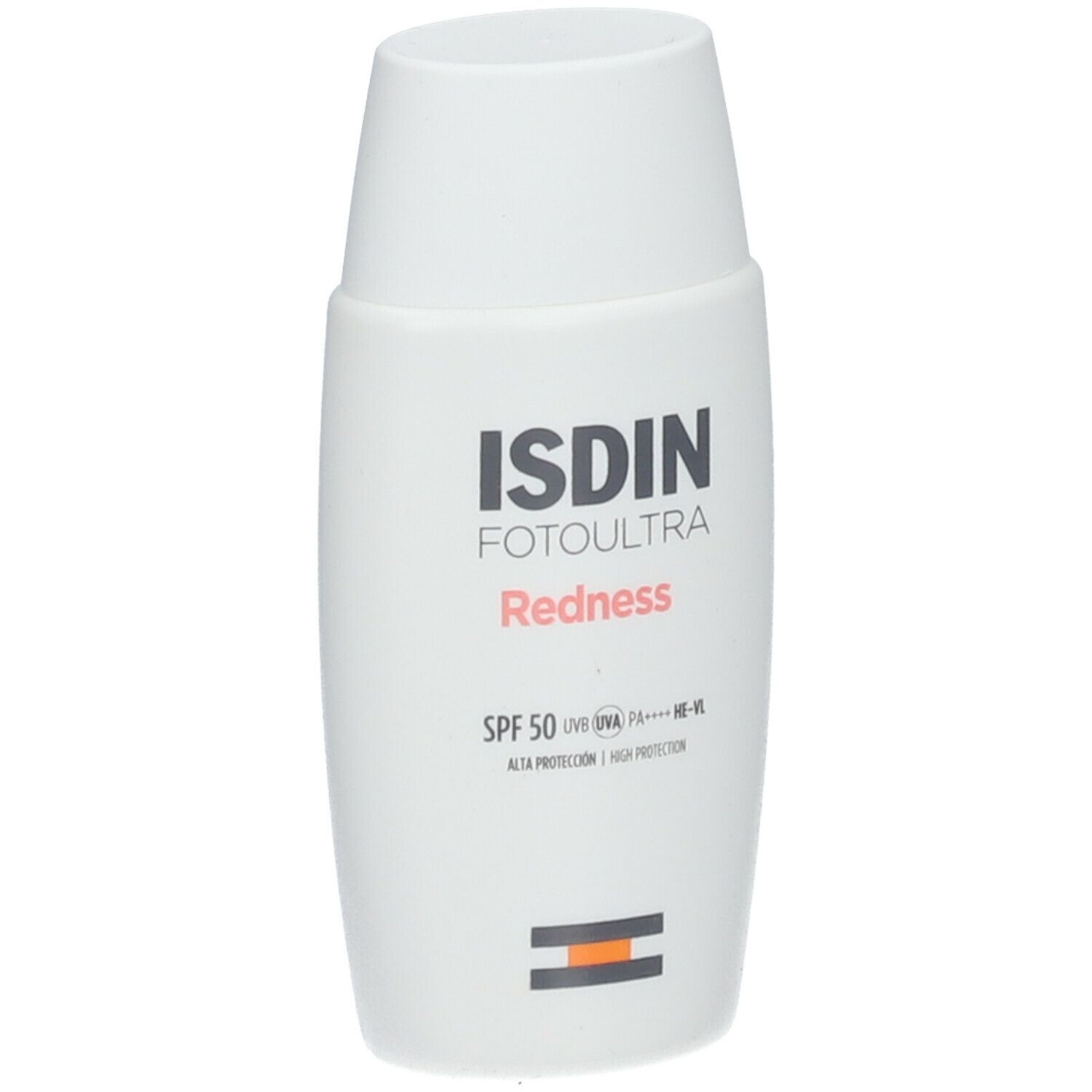 Flacon blanc ISDIN FotoUltra Redness SPF50+. Texte noir, accent rouge. Bande orange en bas.