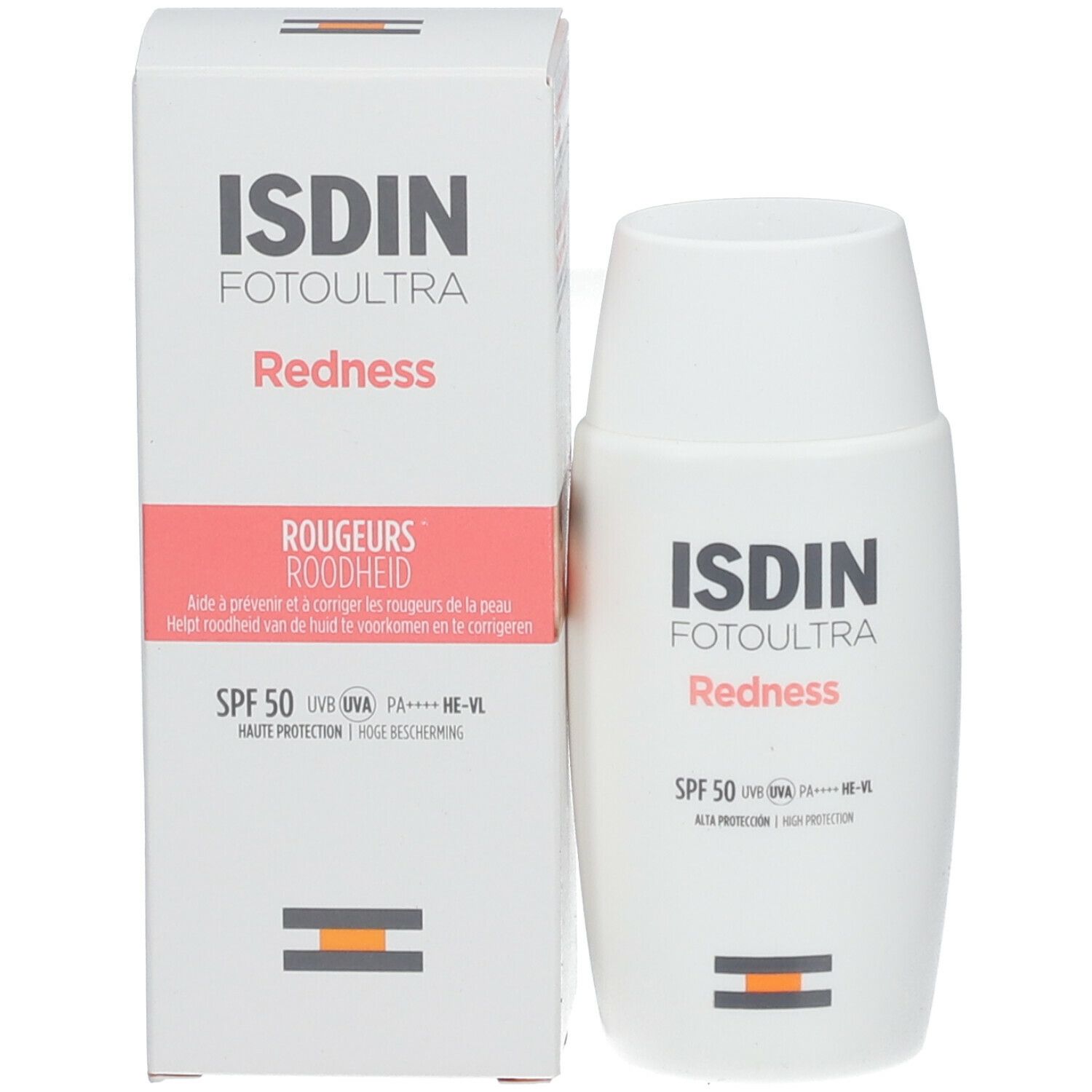 Flacon et boîte ISDIN FotoUltra Redness SPF50+. Texte noir, accent rouge. Bande orange en bas.