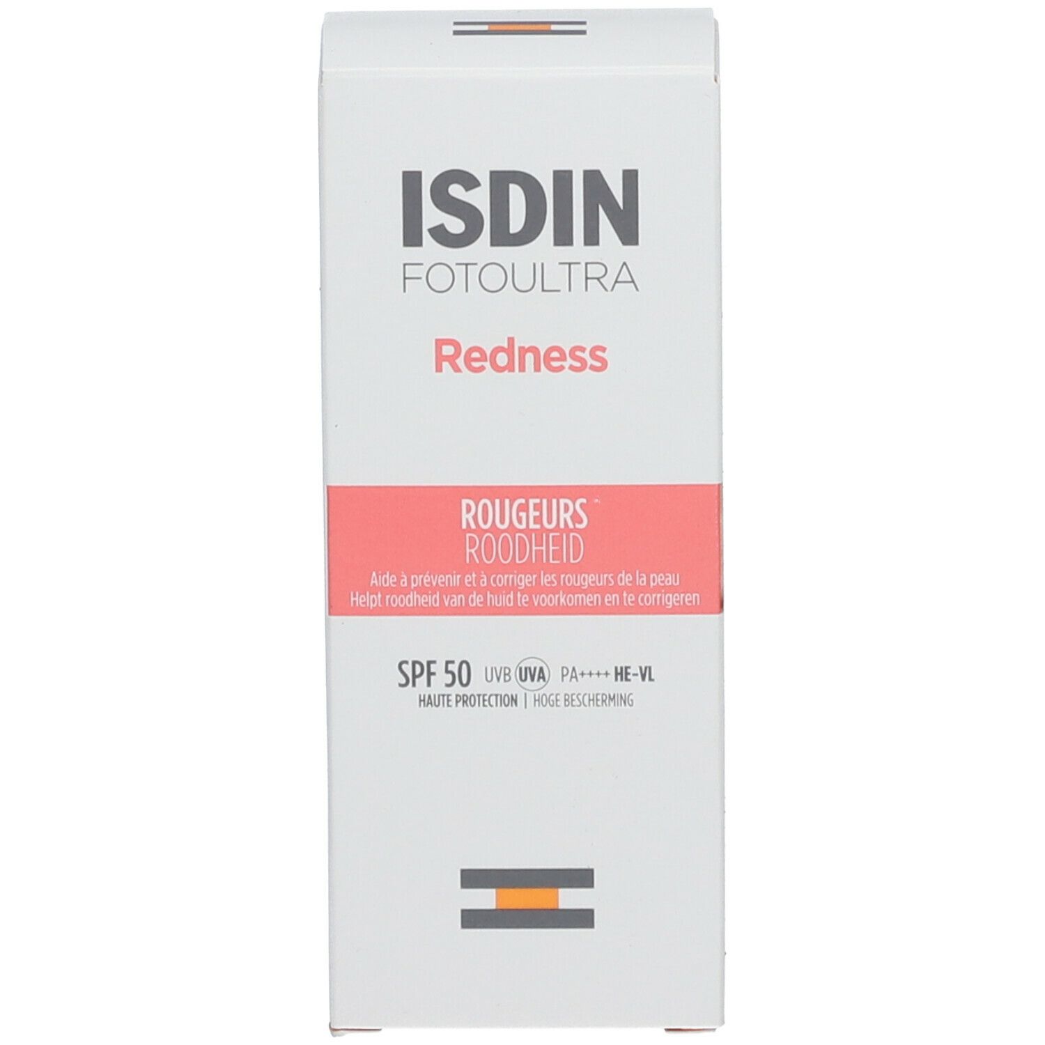 Boîte blanche ISDIN FotoUltra Redness SPF50+. Texte noir, accent rouge. Bande orange en bas.