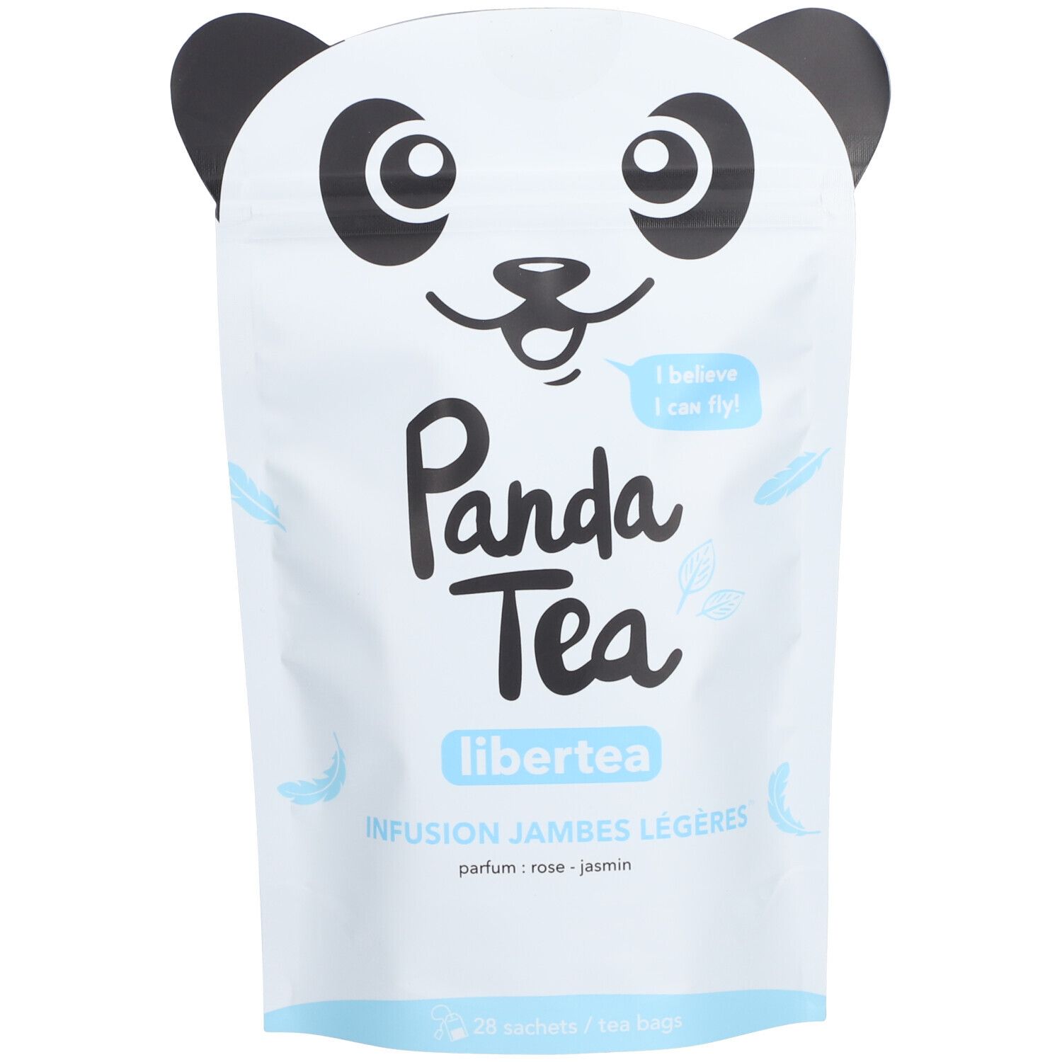 Sachet bleu clair avec visage de panda. Inscription "Panda Tea Libertea". Texte : "Infusion jambes légères". 20 sachets.