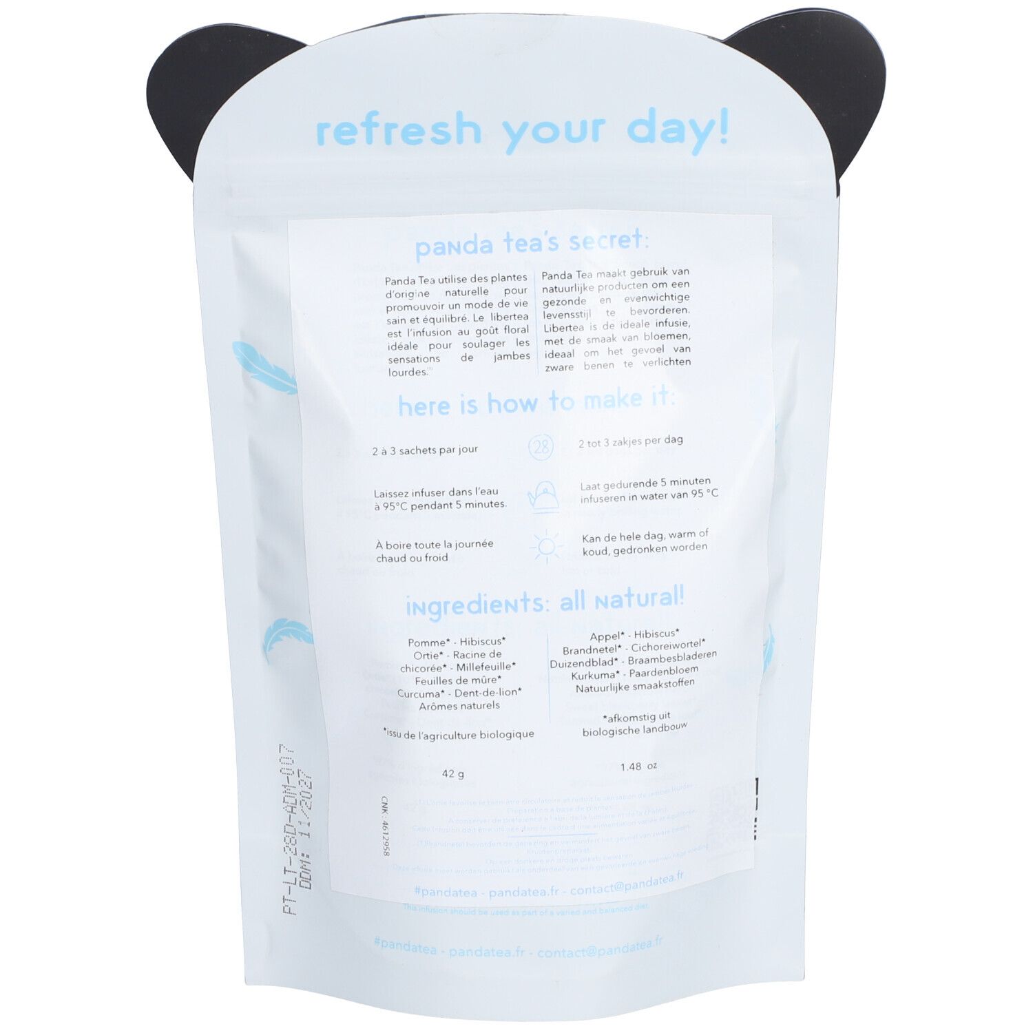 Dos du sachet avec texte. Liste des ingrédients : "all natural". Poids : 42 g. Certification bio.