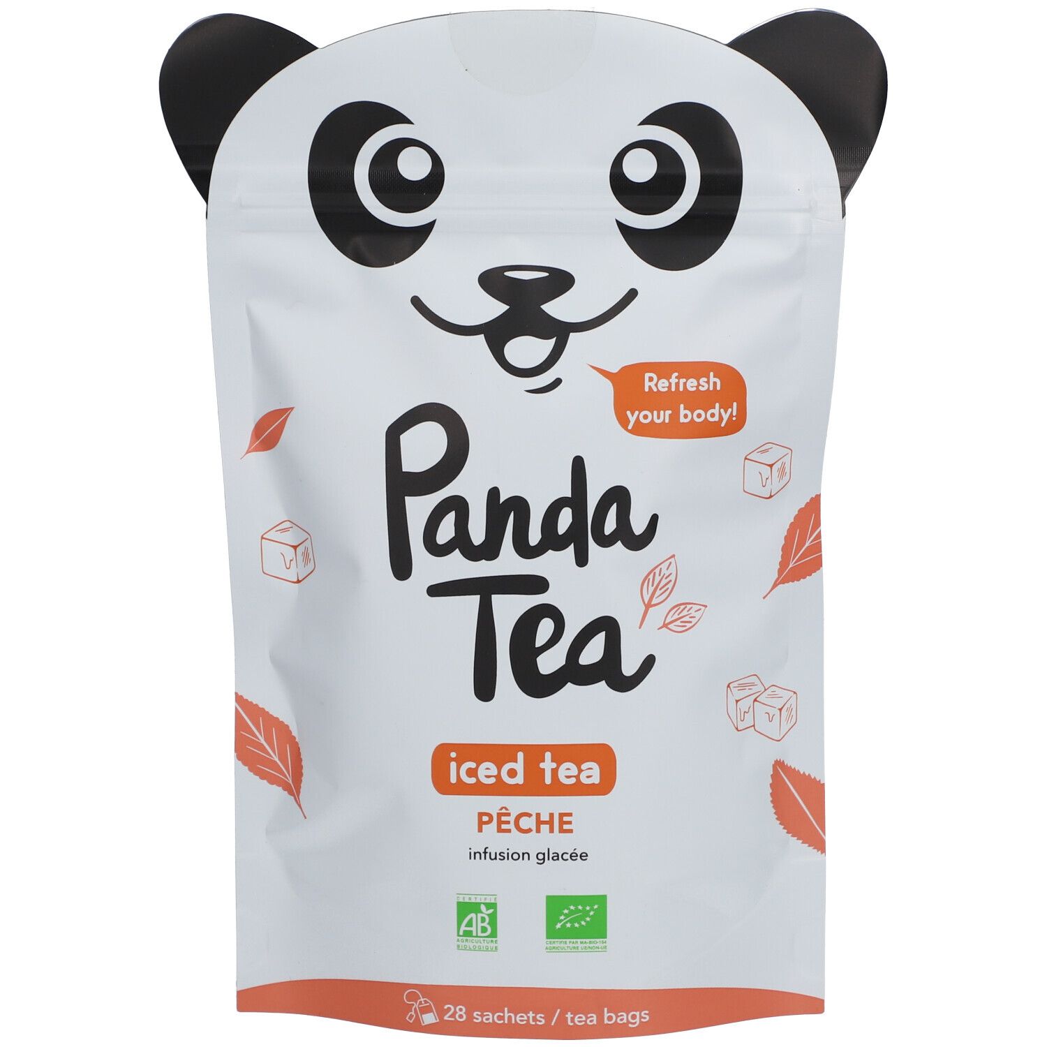 Beutel mit Panda-Gesicht. Aufschrift: Panda Tea, iced tea, Pfirsich. Mit Blättern und Eiswürfeln dekoriert. Bio-Siegel.