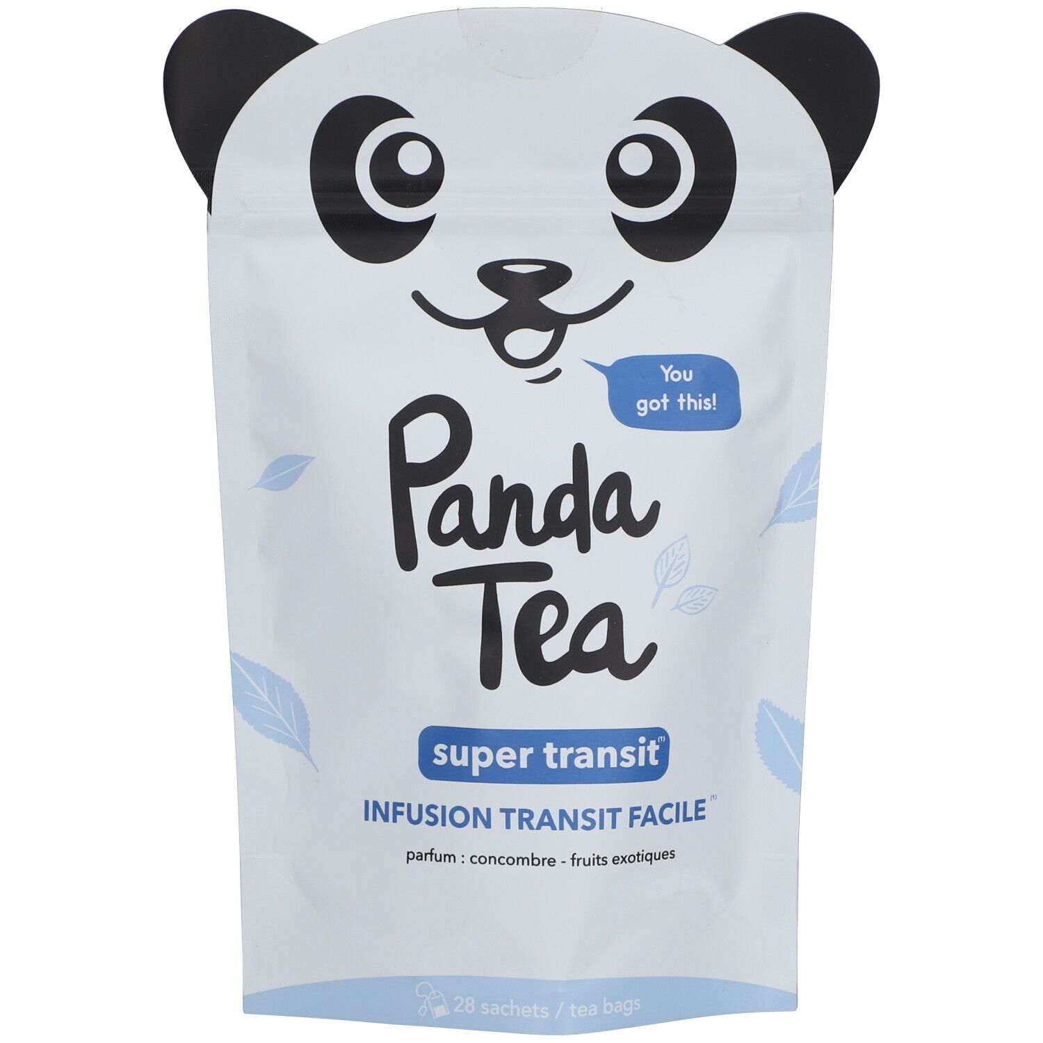 Sachet Panda Tea avec visage de panda. Texte bleu "Super Transit". Contient 20 sachets de thé. "Infusion Transit Facile".
