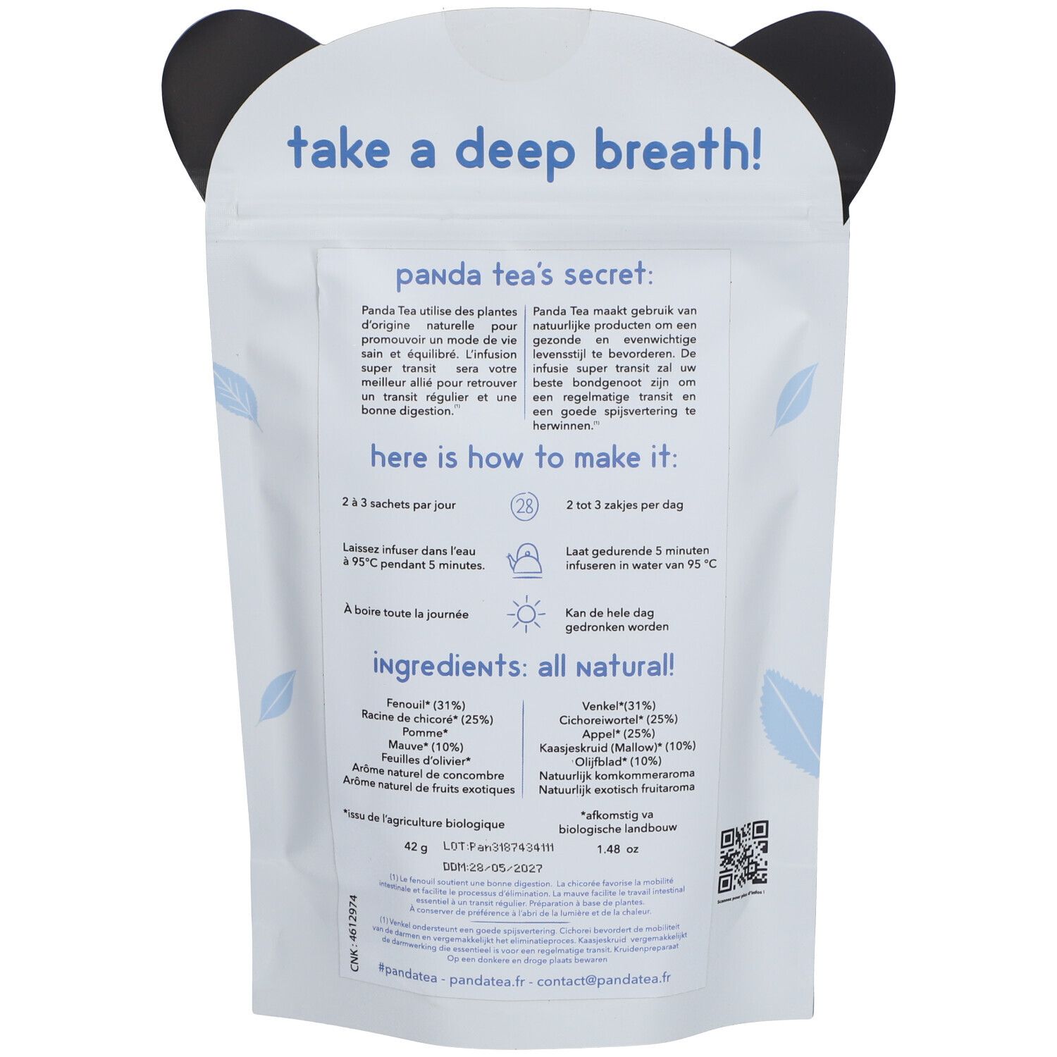 Dos du sachet Panda Tea. Texte : "take a deep breath!". Liste des ingrédients. Instructions de préparation. 2 x 3 sachets par jour.