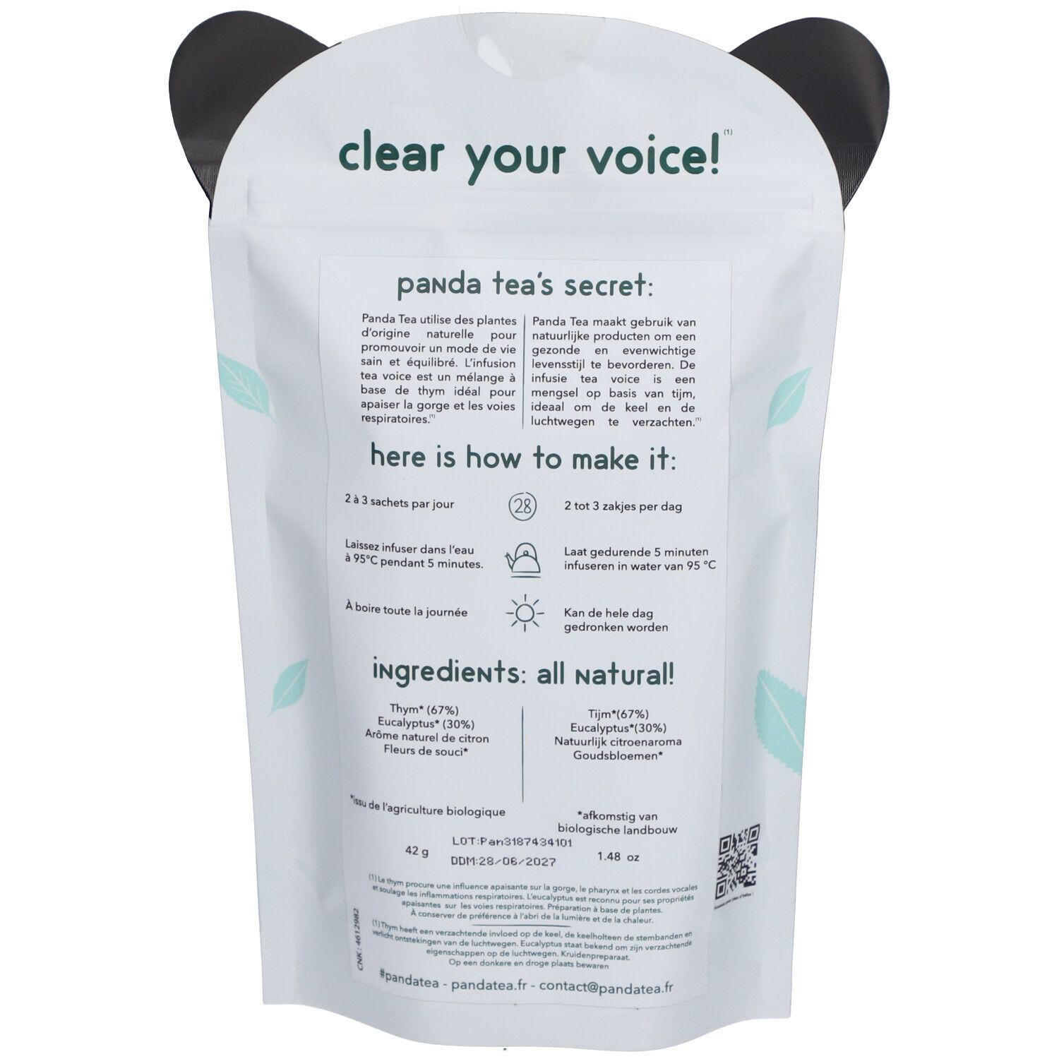 Dos du sachet Panda Tea. Texte: clear your voice! Liste des ingrédients, instructions de préparation, labels bio et QR code.