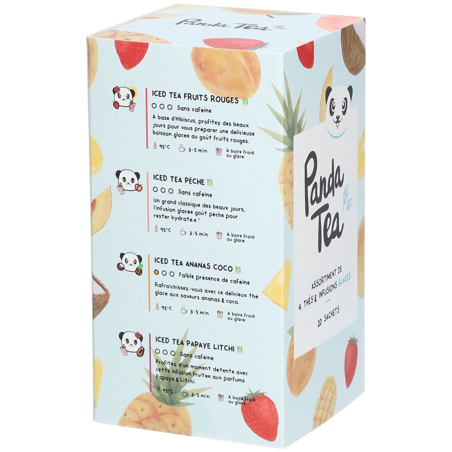 Achterkant Panda Tea verpakking. Informatie over ijsthee smaken: rode vruchten, perzik, ananas kokos, papaya lychee.