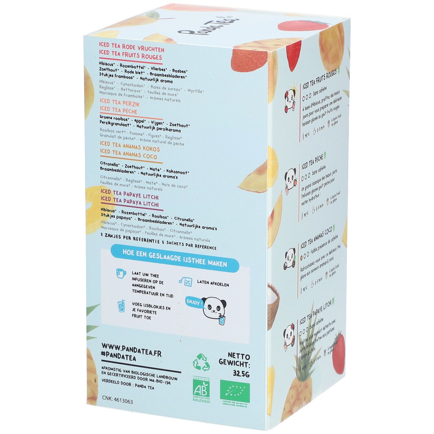 Zijkant Panda Tea verpakking met ingrediëntenlijsten en bereidingsinstructies. Biologisch keurmerk en nettogewicht 32,5g.