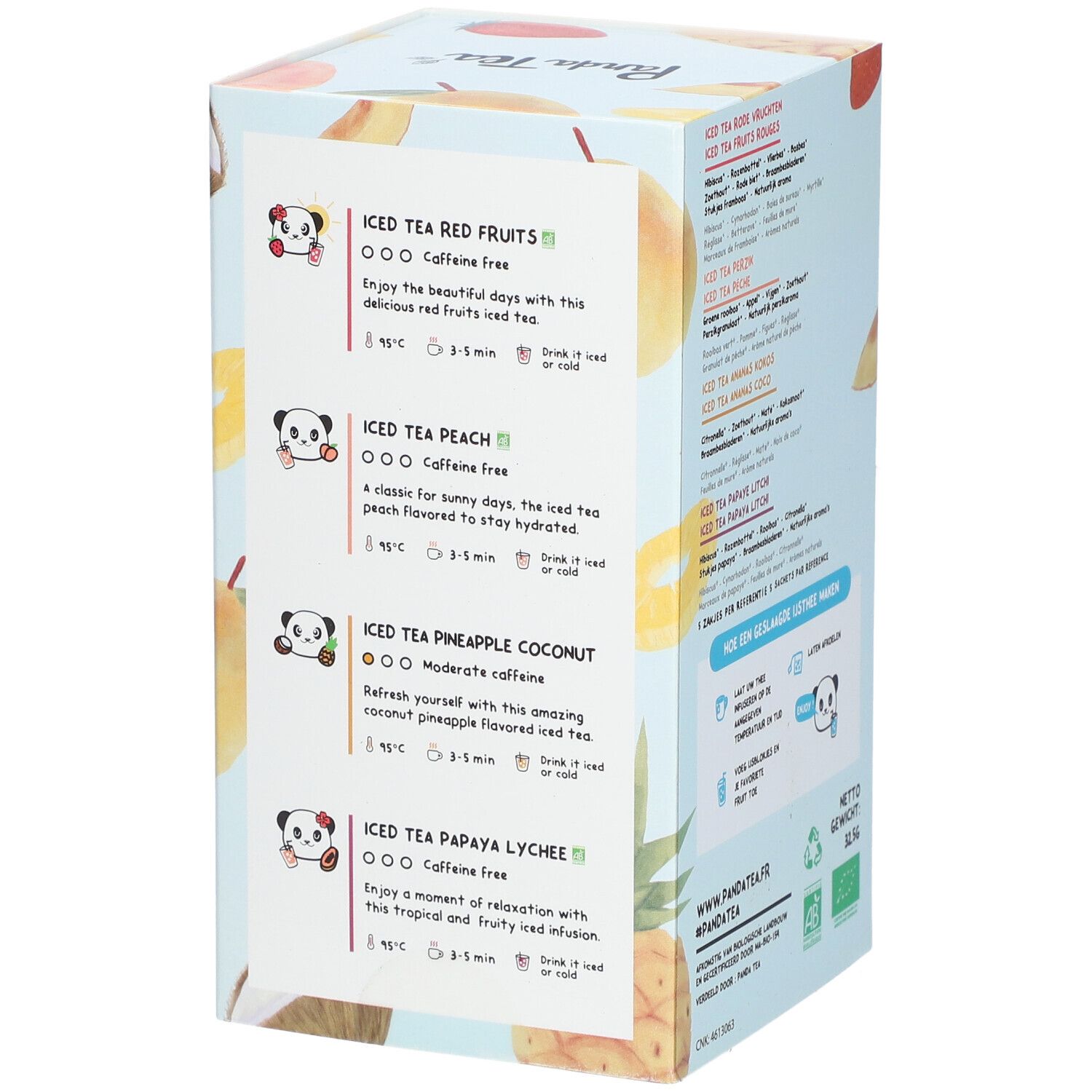 Zijkant Panda Tea verpakking met informatie over ijsthee smaken: rode vruchten, perzik, ananas kokos, papaya lychee.