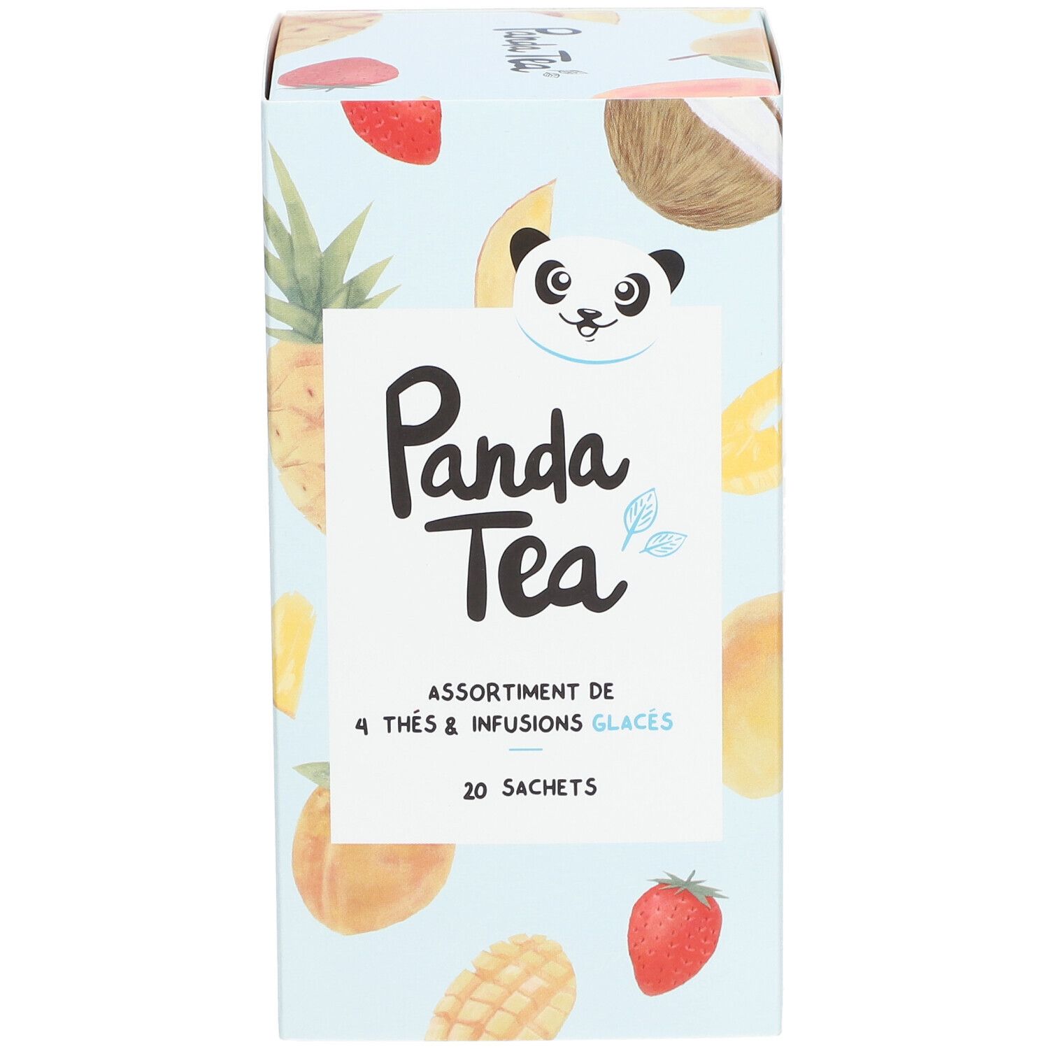 Voorkant Panda Tea verpakking. Logo Panda Tea, Assortiment de 4 thés & infusions glacés, 20 zakjes. Fruit illustraties.
