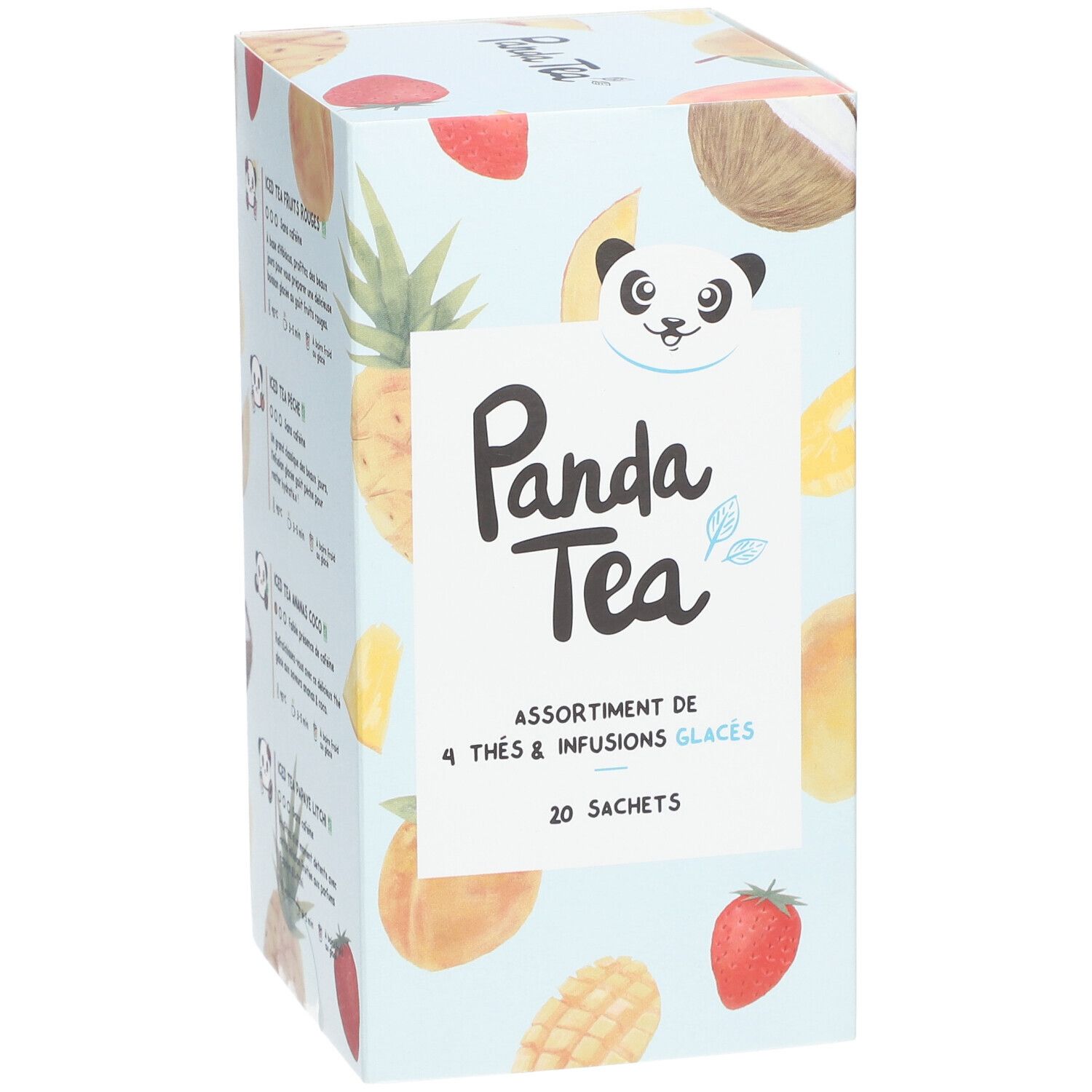 Panda Tea verpakking, schuin van voren. Logo Panda Tea, Assortiment de 4 thés & infusions glacés, 20 zakjes. Fruit illustraties.