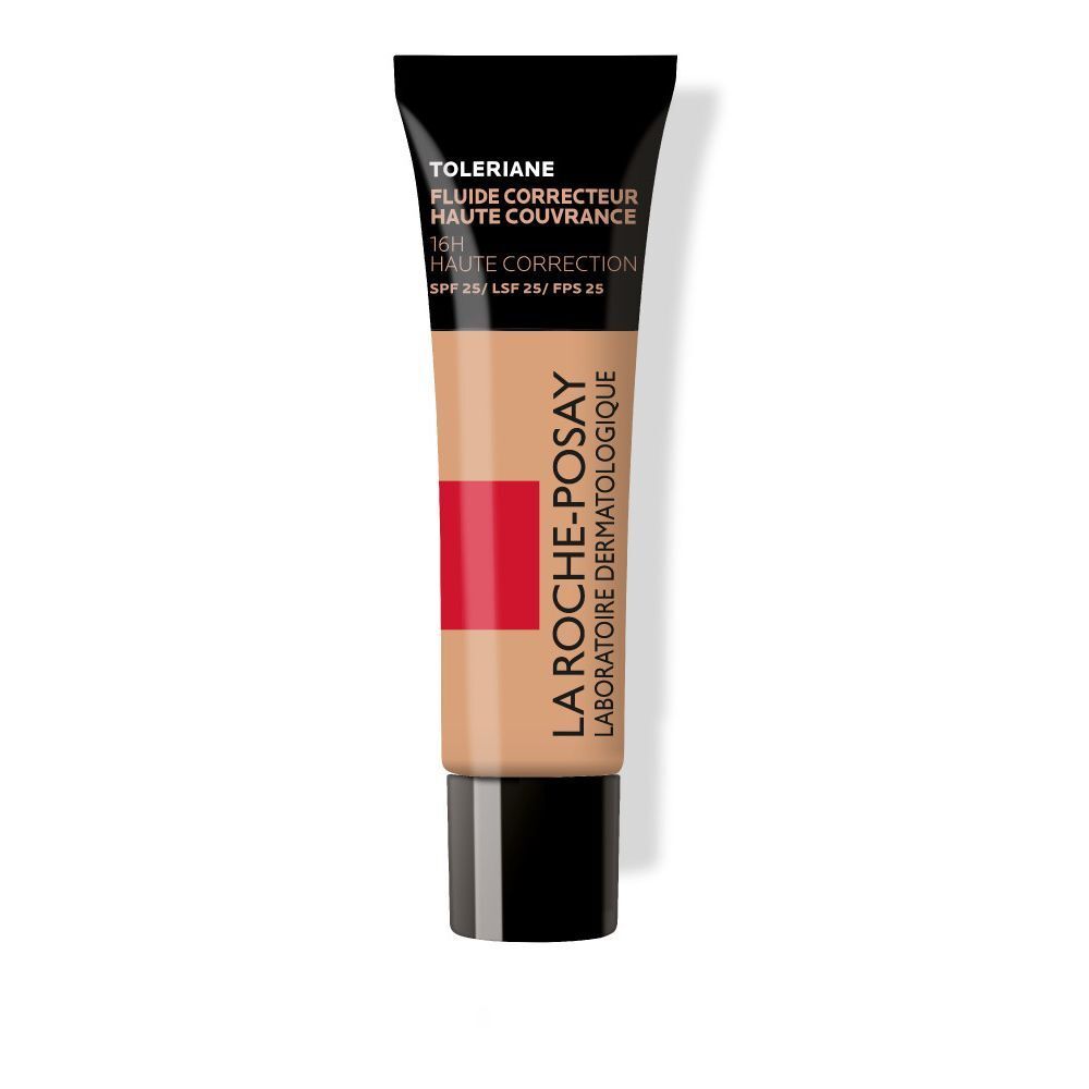 La Roche-Posay Toleriane Fluide Correcteur Haute Couvrance SPF25. Tube met beige inhoud, zwarte dop en rode streep.