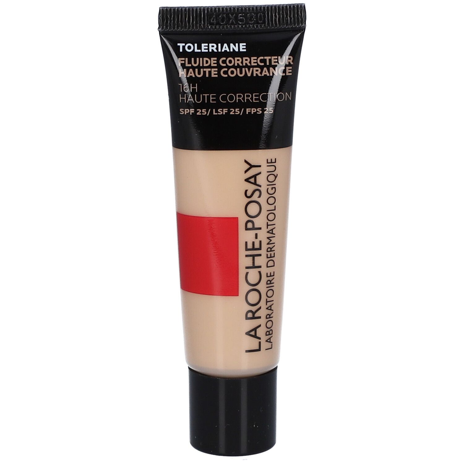 La Roche-Posay Toleriane Fluide Correcteur Haute Couvrance SPF25. Tube met beige inhoud, zwarte dop en rode streep.