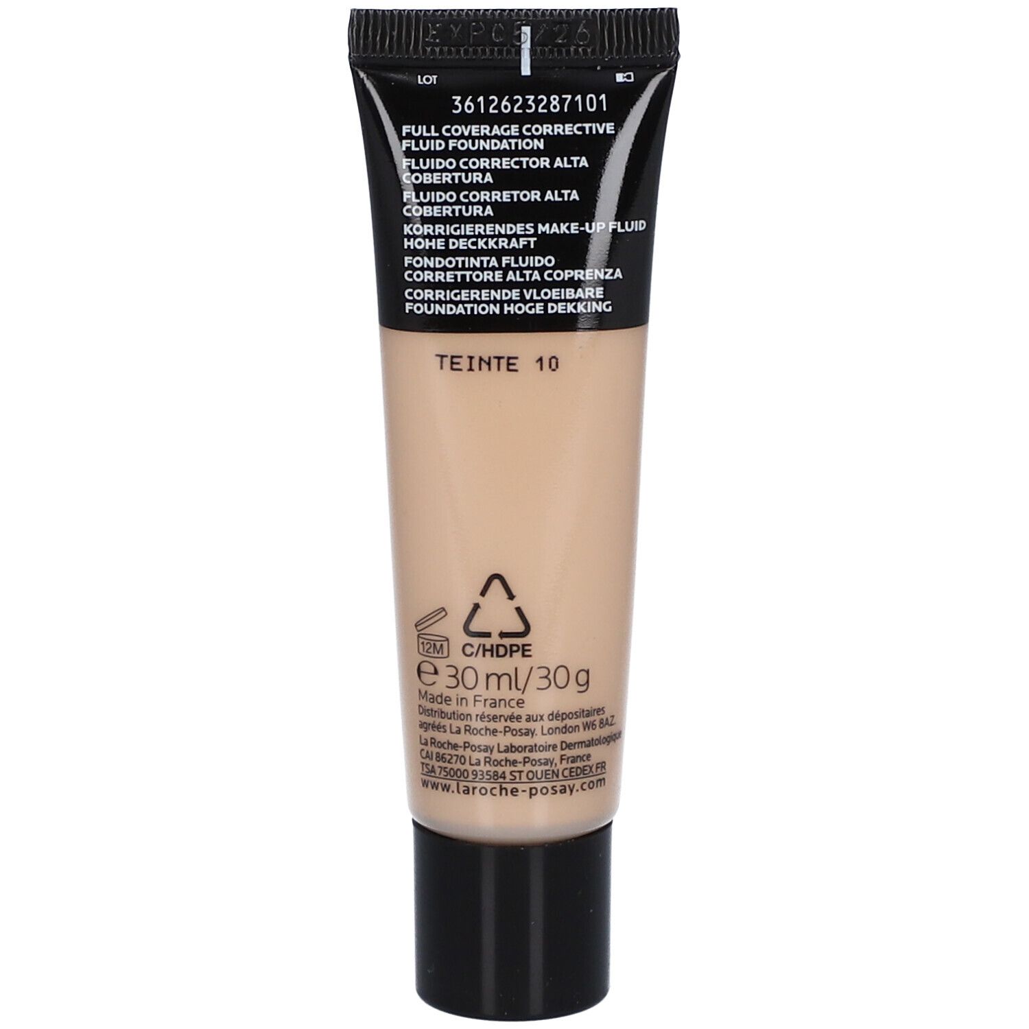 Achterkant van de La Roche-Posay Toleriane Fluide Correcteur tube. Meertalige tekst, ingrediënten, recyclingsymbolen.