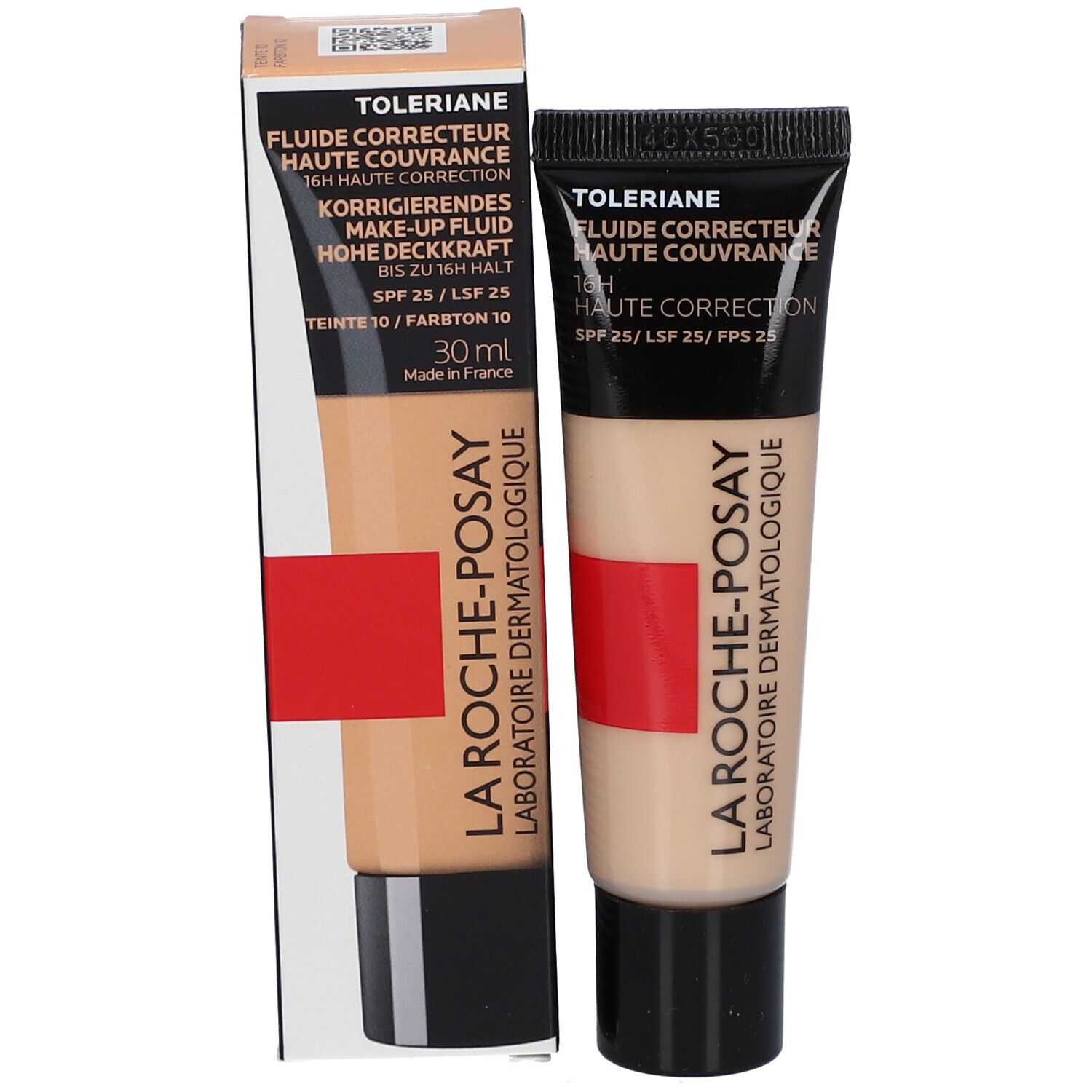 La Roche-Posay Toleriane Fluide Correcteur SPF25 en verpakking. Tube en doos naast elkaar, rode streep.