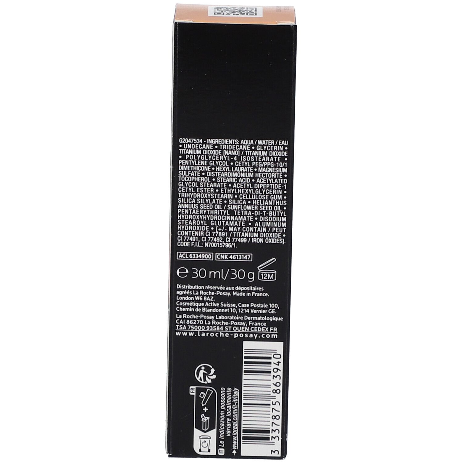 Verpakking La Roche-Posay Toleriane Fluide Correcteur. Ingrediënten, tekst, recyclingsymbolen, barcode.