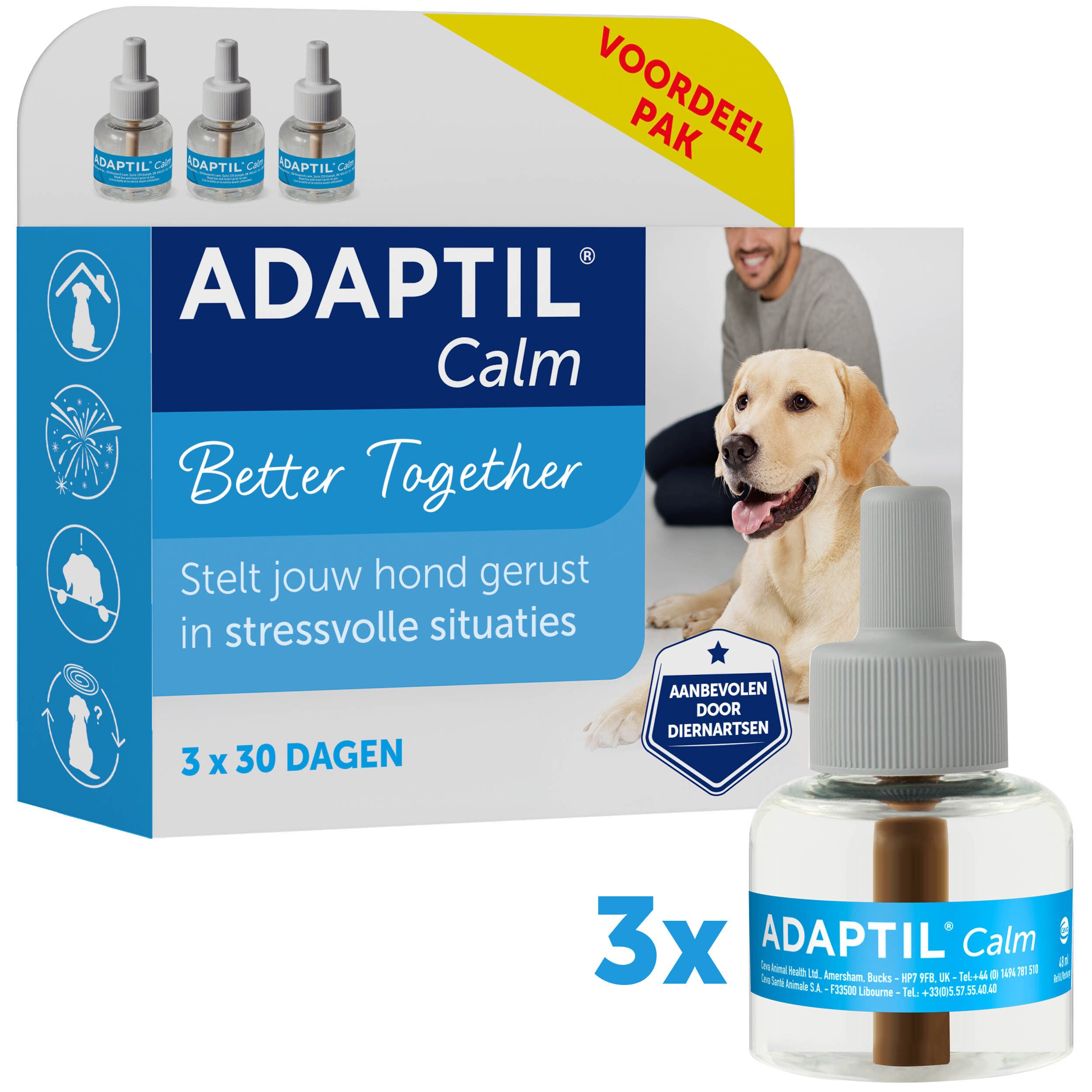 Verpakking ADAPTIL Calm. Bevat 3 flacons. Met hond en man. Tekst: 3 x 30 dagen.