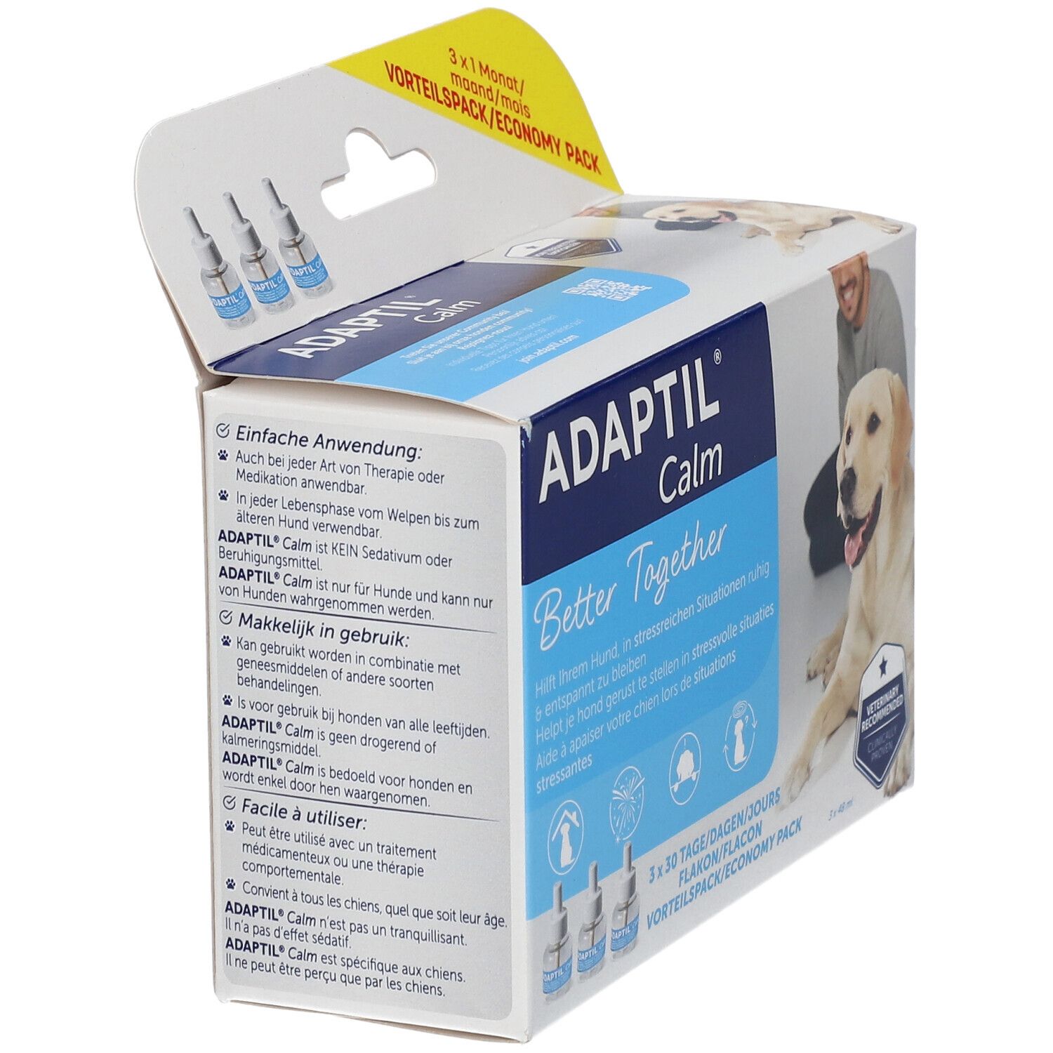 Open ADAPTIL Calm verpakking. Tekst en flacons zichtbaar. Met hond en man.