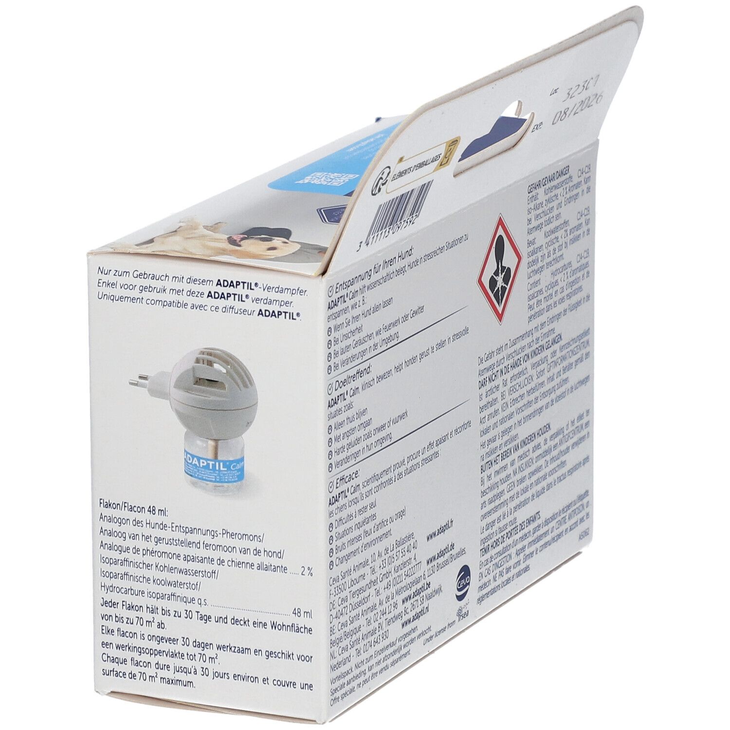 Zijkant ADAPTIL Calm verpakking. Tekst en afbeelding van de verdamper. Met flacon.