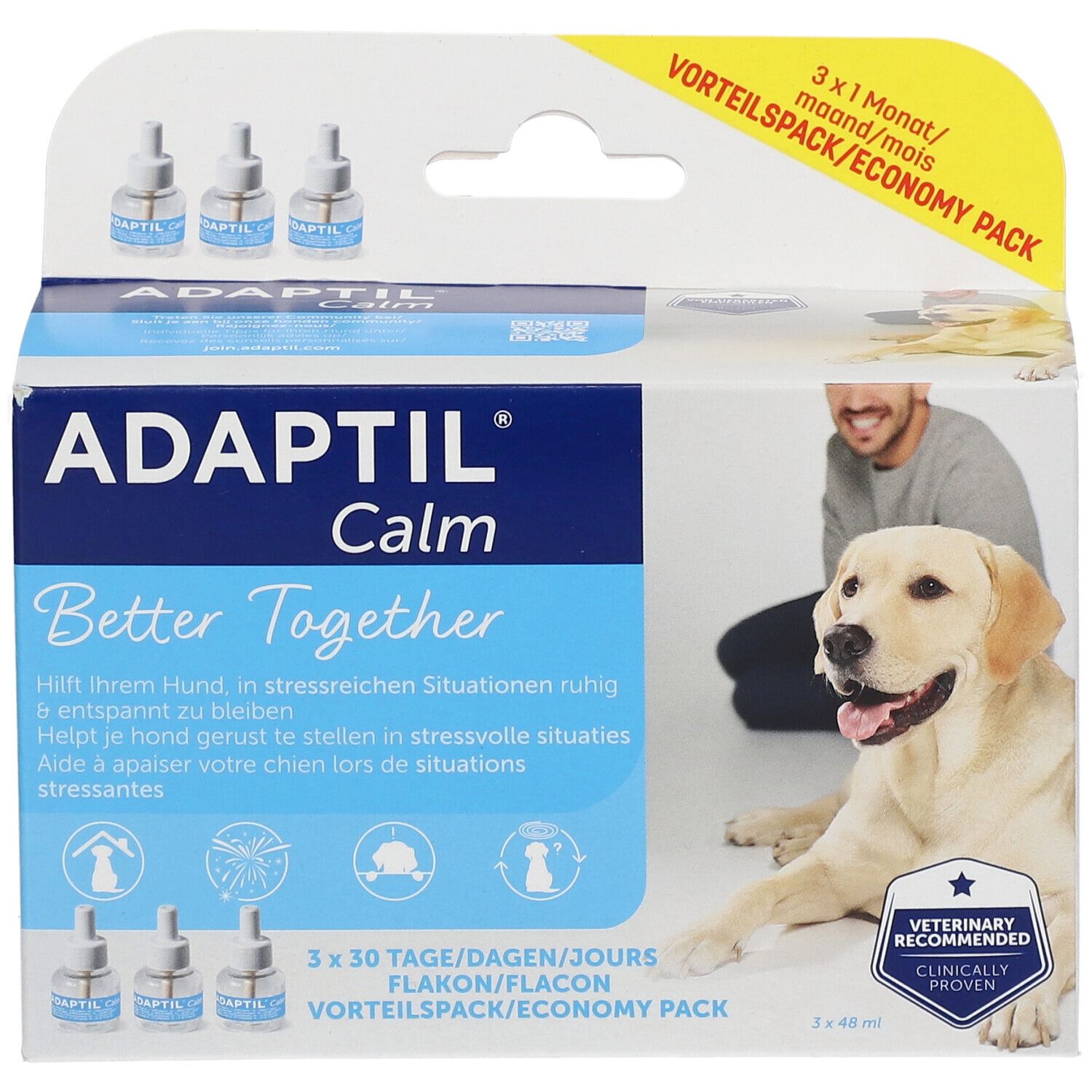 Verpakking ADAPTIL Calm. Bevat 3 flacons. Met hond en man. Tekst: 3 x 30 dagen.