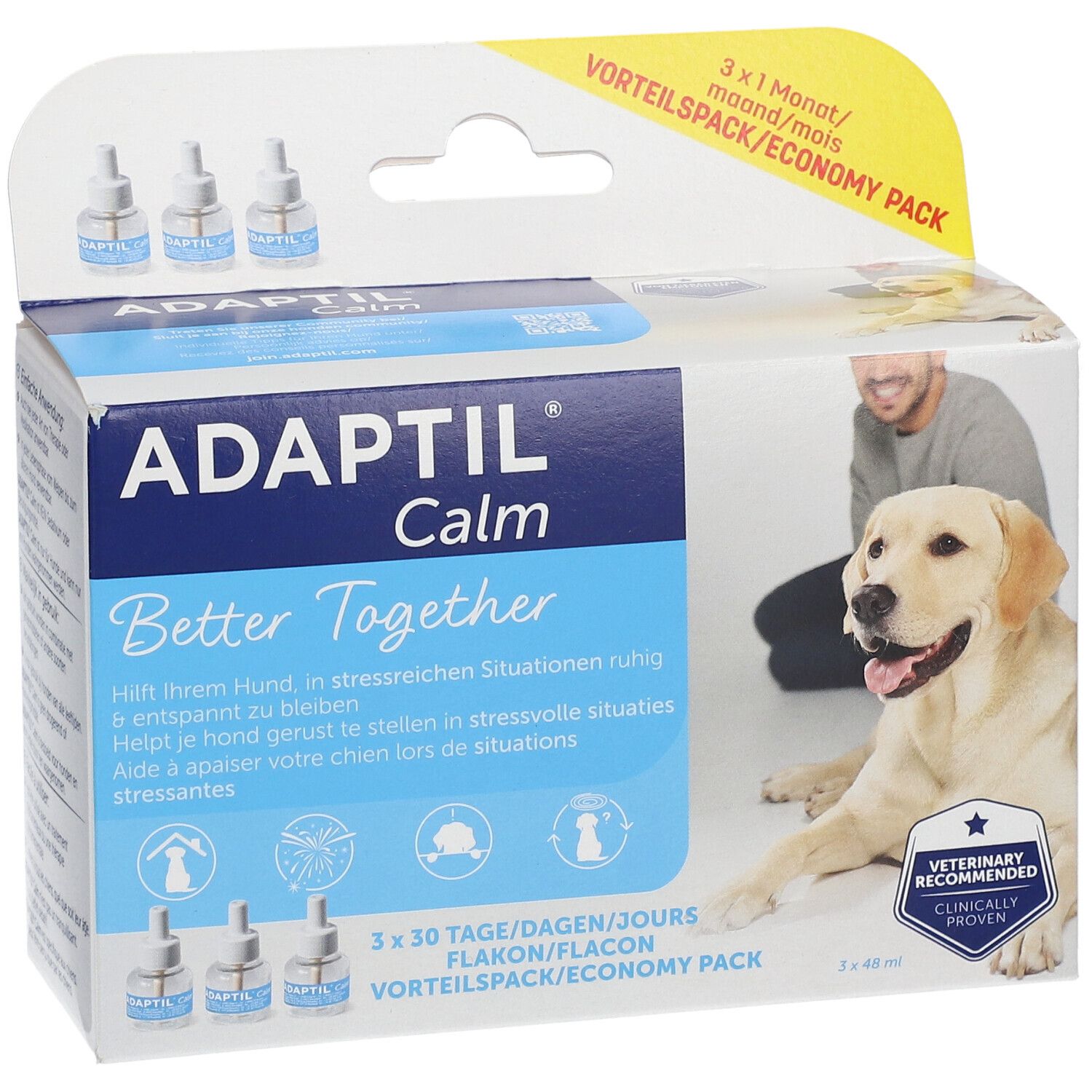 Verpakking ADAPTIL Calm. Bevat 3 flacons. Met hond en man. Tekst: 3 x 48 ml.