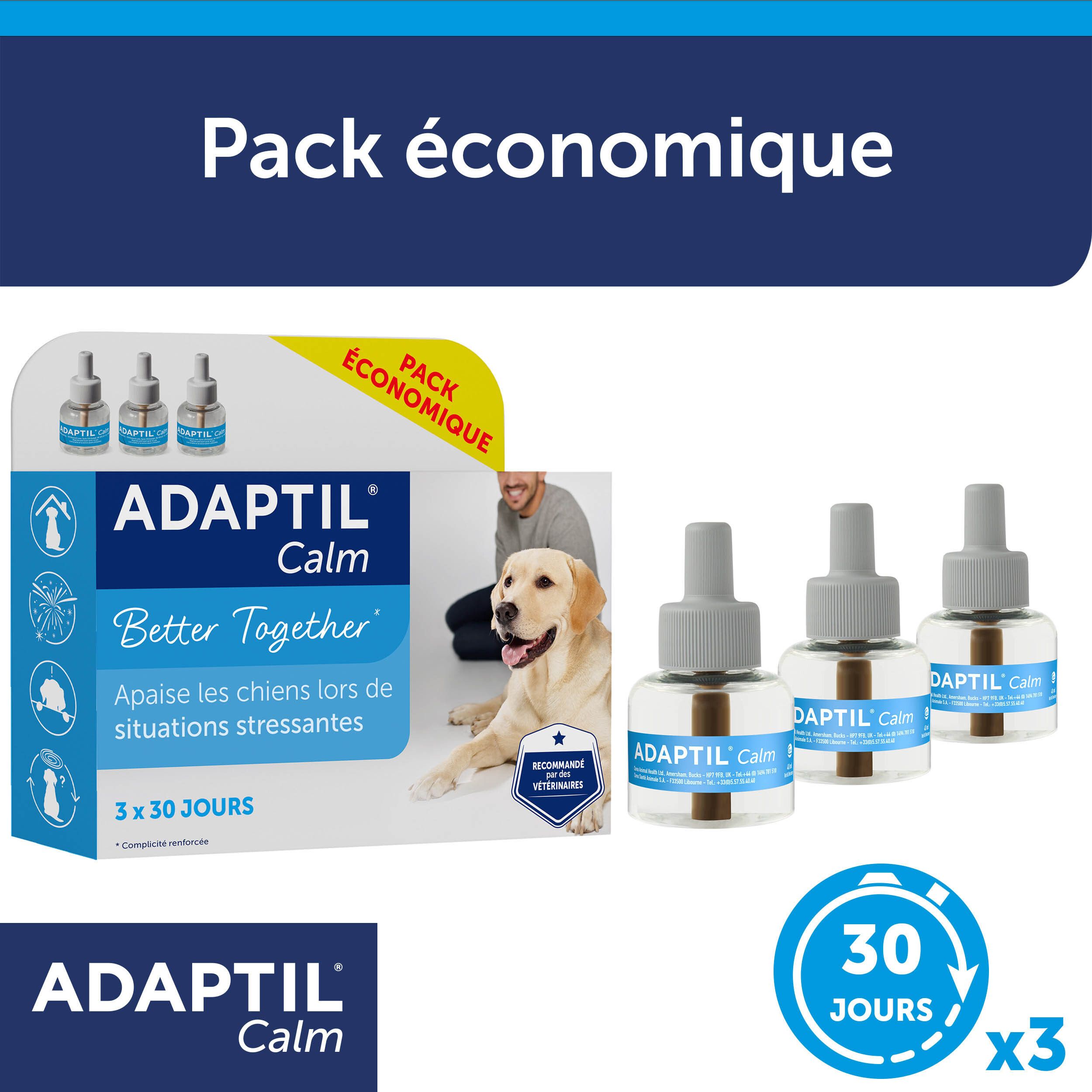 Flacons et boîte ADAPTIL Calm. 3 flacons. Texte : Pack économique.