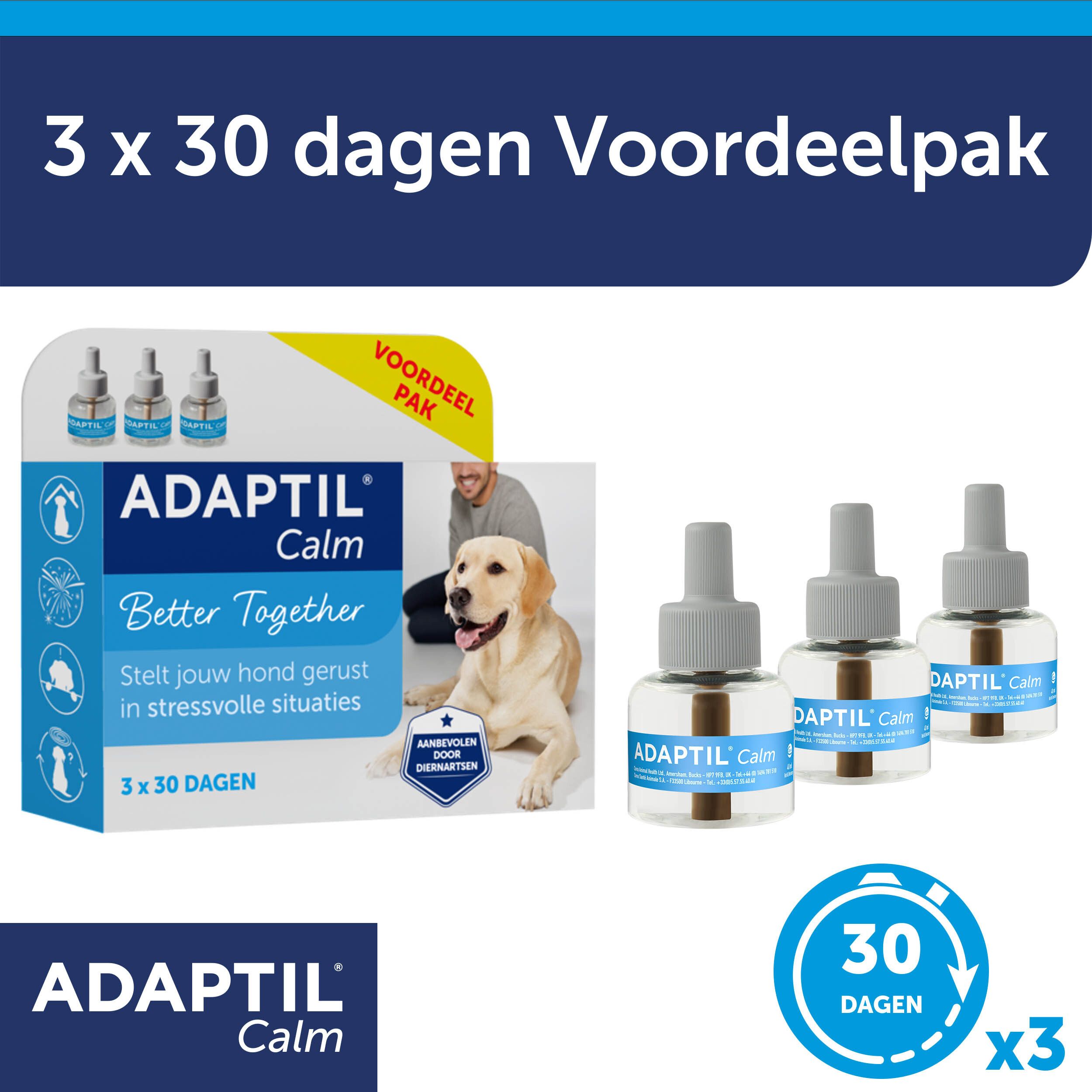 ADAPTIL Calm flacons en verpakking. 3 flacons. Tekst: 3 x 30 dagen Voordeelpak.