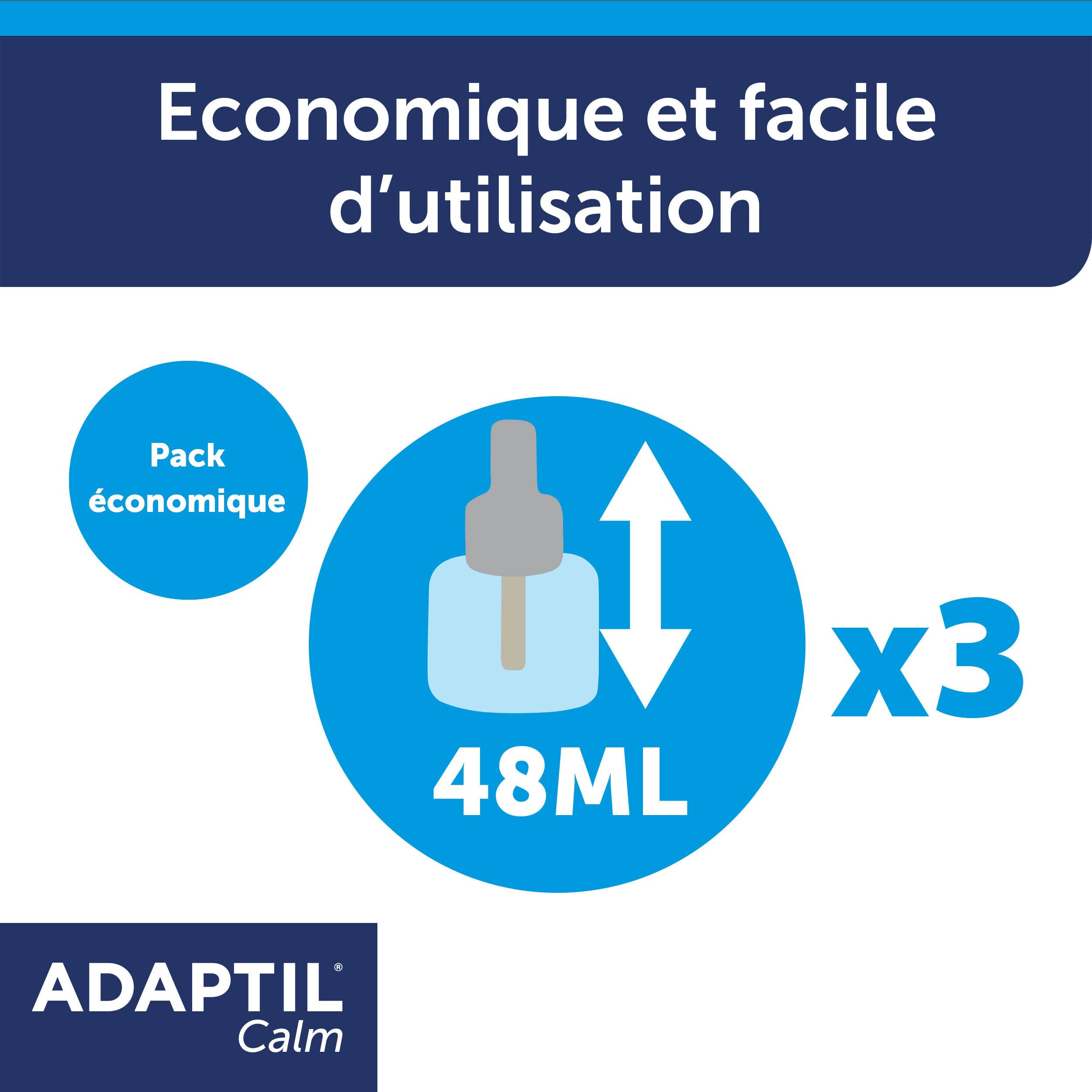 Flacon ADAPTIL Calm. Texte : Economique et facile d'utilisation. Texte : 48 ml.